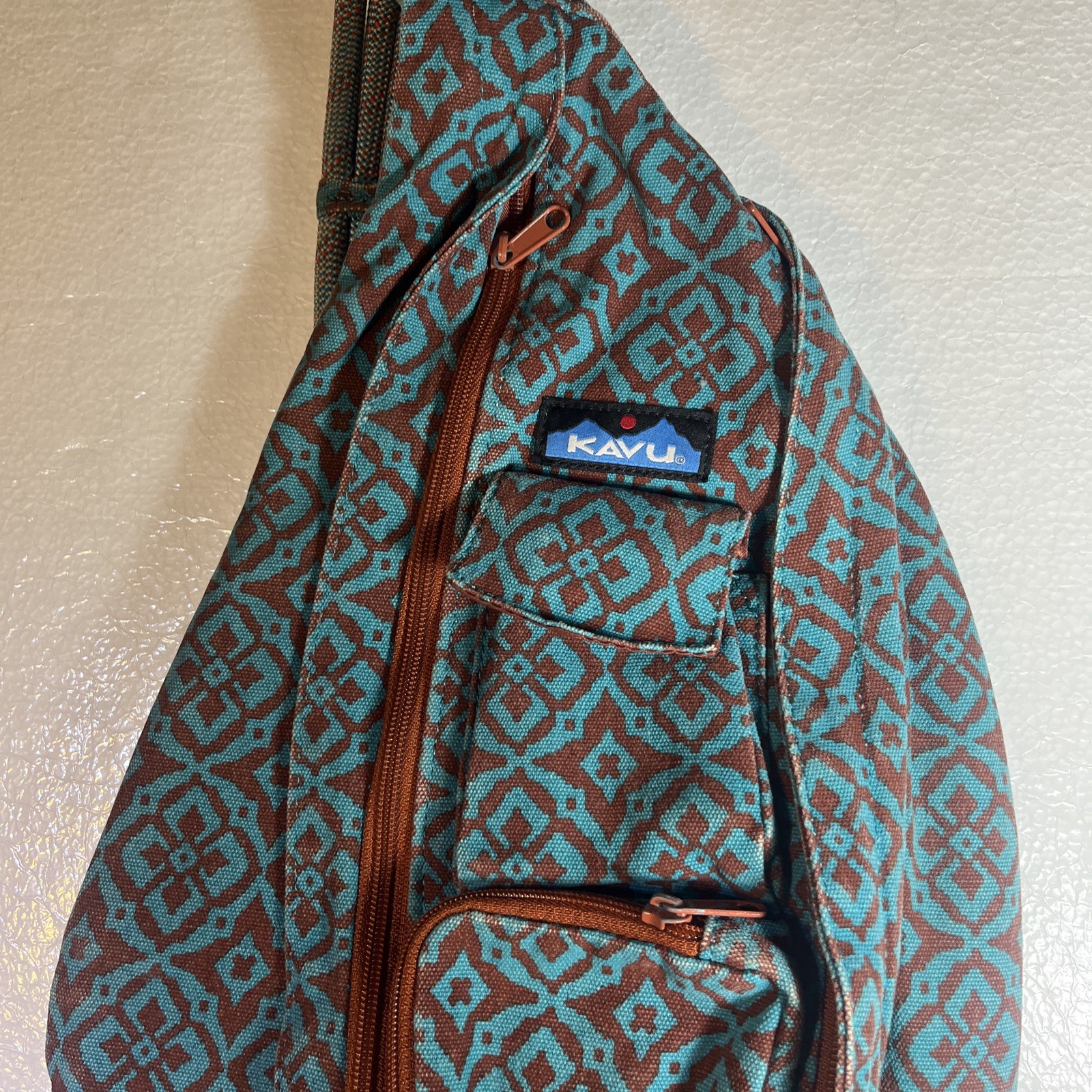 KAVU Rope Sling Bag Crossbody Desert Mosaic Backpack Teal Blue Brown Retired
