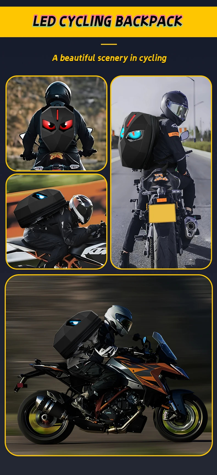 Cycling LED Motorcycle Backpack, Hard Shell Waterproof Helmet Bag
