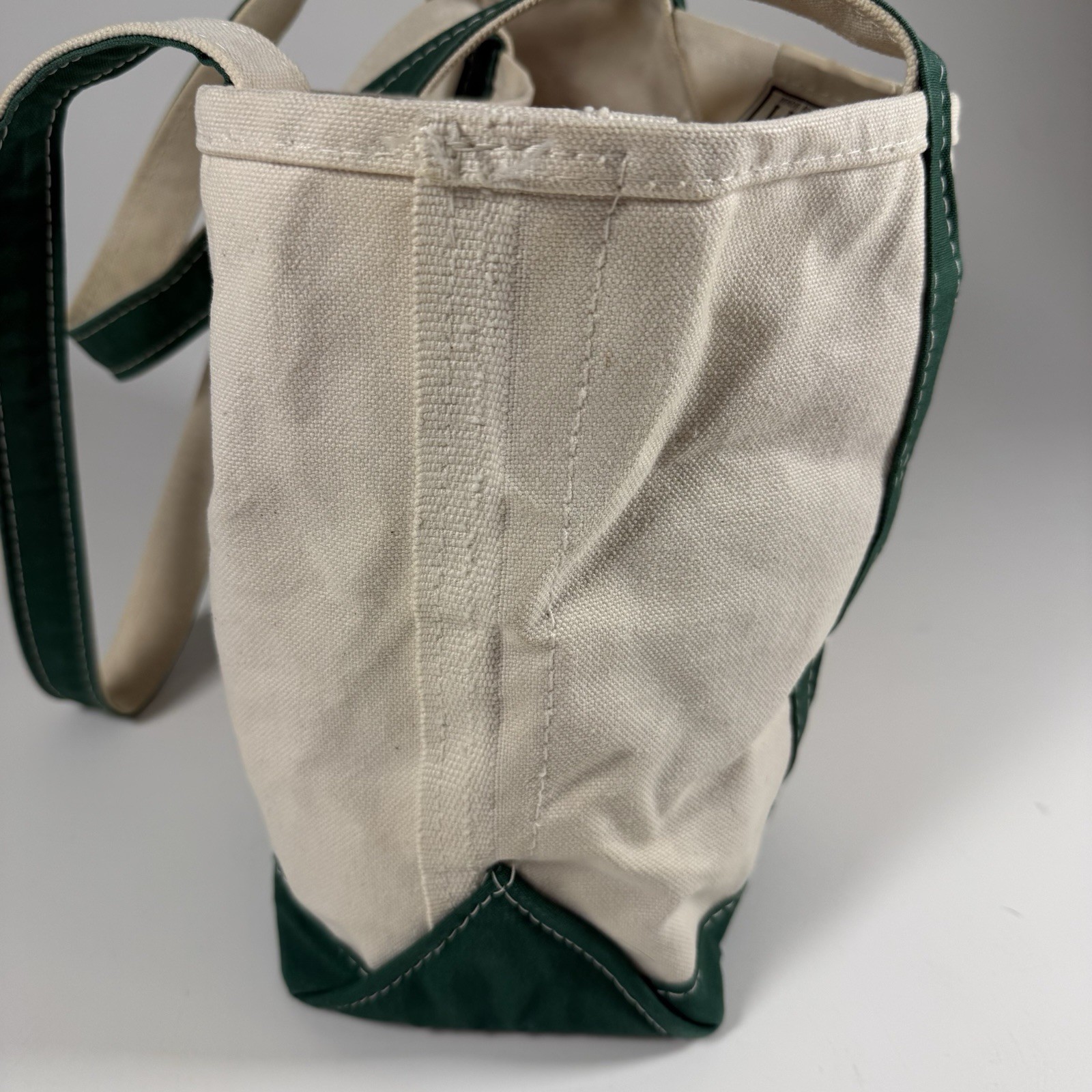 LL Bean Boat and Tote Canvas Bag 12.5″ 5.5″ Green White Made In USA Stiff