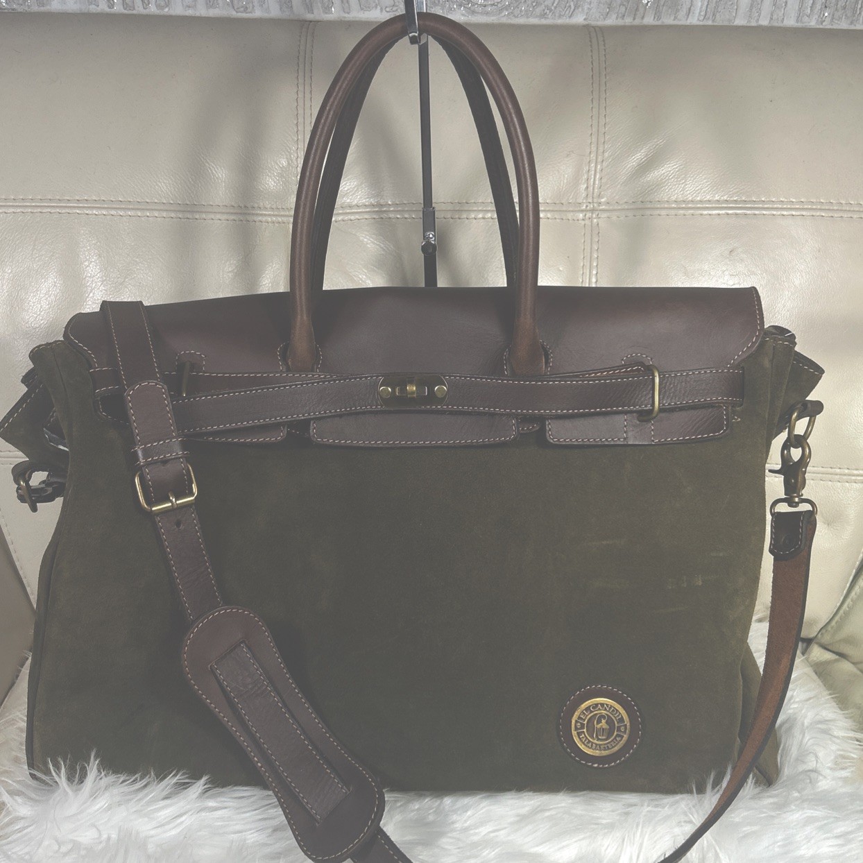Weekender Overnight Bag Suede Green Brown Crossbody Argentina Free Ship!Rare!