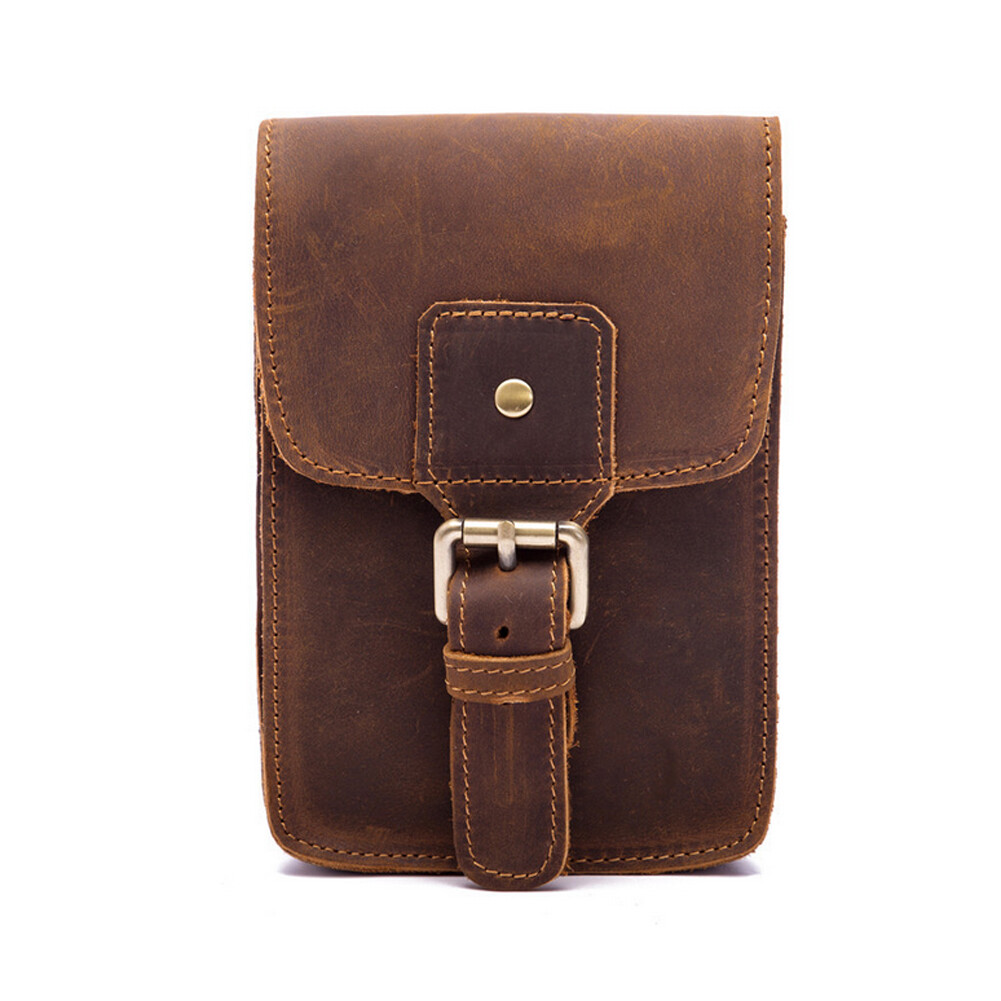 Men Crazy Horse Leather Small Waist Bag Pouch Hook Fanny Waist Belt Pack`