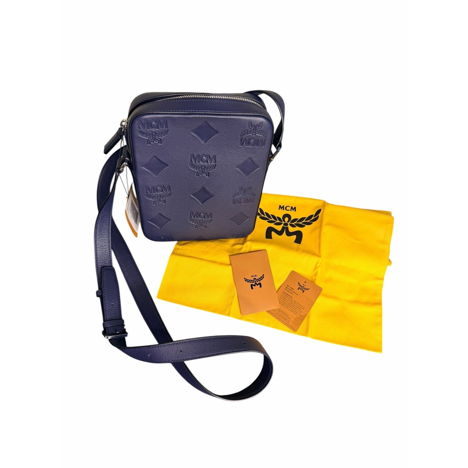 MCM NWT Klassik Monogram Embossed Leather Crossbody Bag in Navy Blue