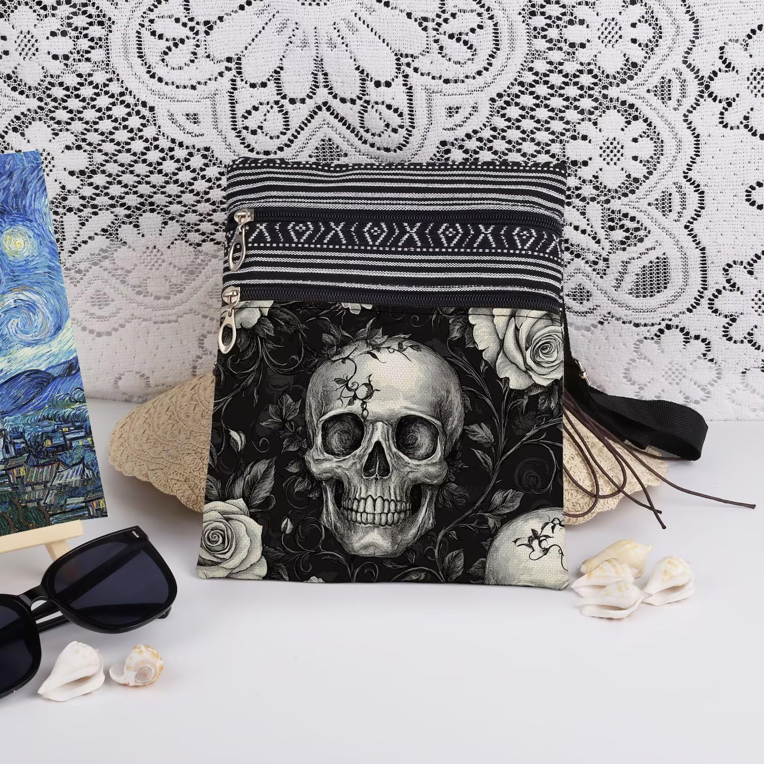XiaoGalaee Gothic Skull & Rose Crossbody Bag Adjustable Strap Unisex 19