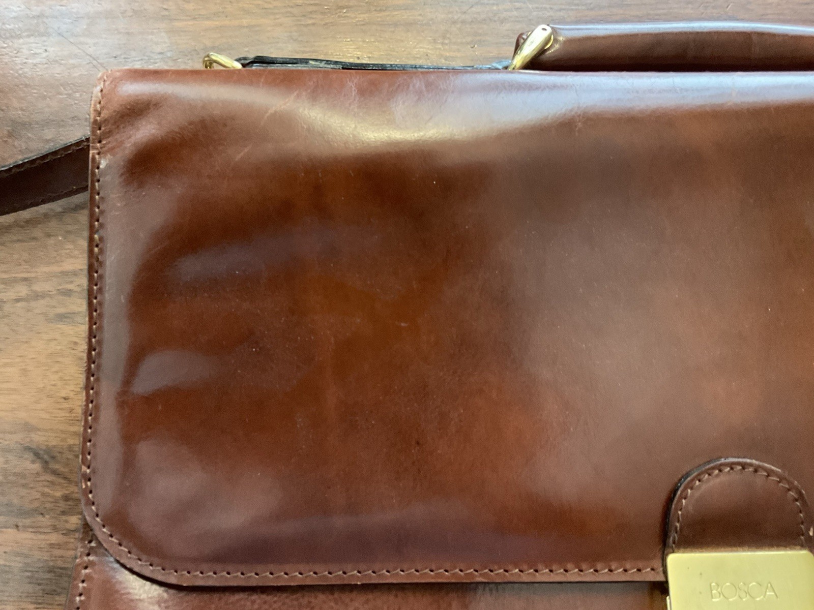 Bosca Brown Leather Men’s Briefcase/Document Case Top Handle Strap Push Lock
