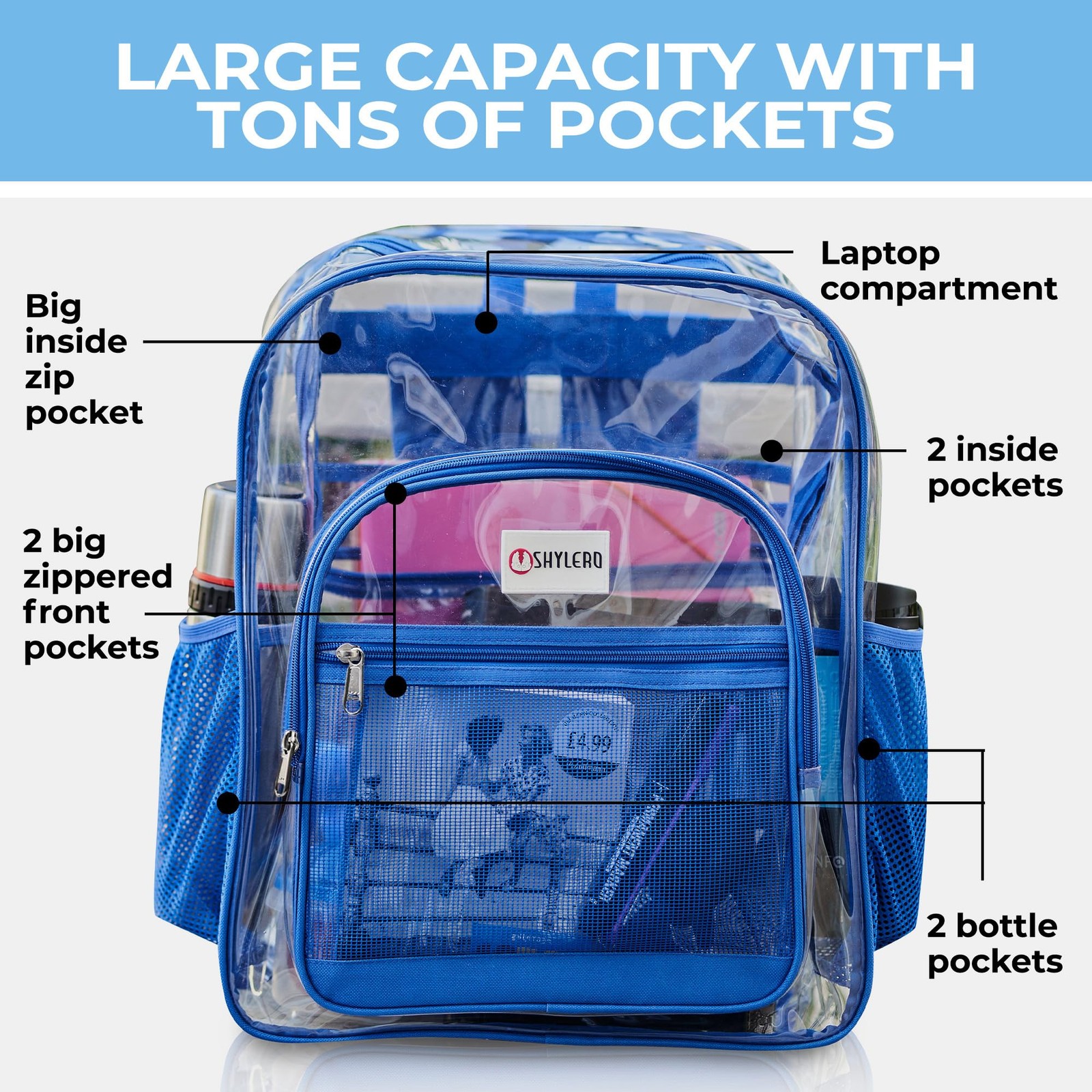 Clear Backpack Heavy Duty TSA Lock 18x14x8 Inch Blue PVC Transparent Bag