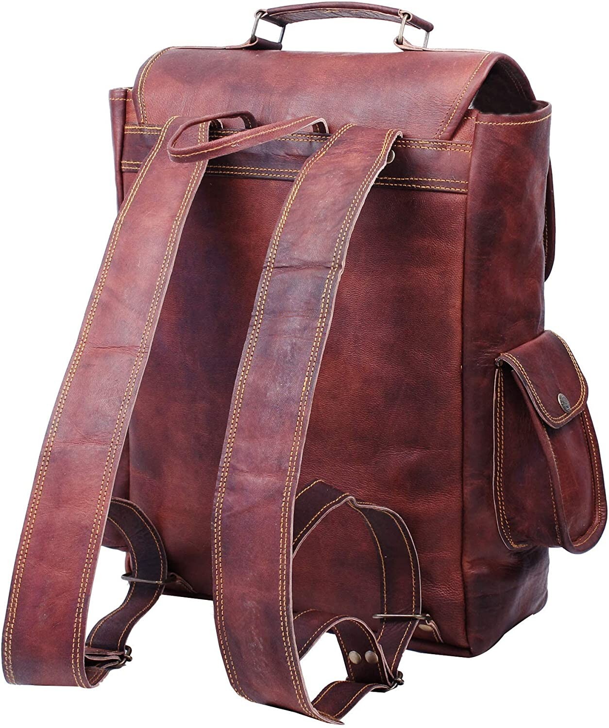 New Brown 16 Inch Leather Backpack For Men Vintage Easy Open Push Lock Backpack