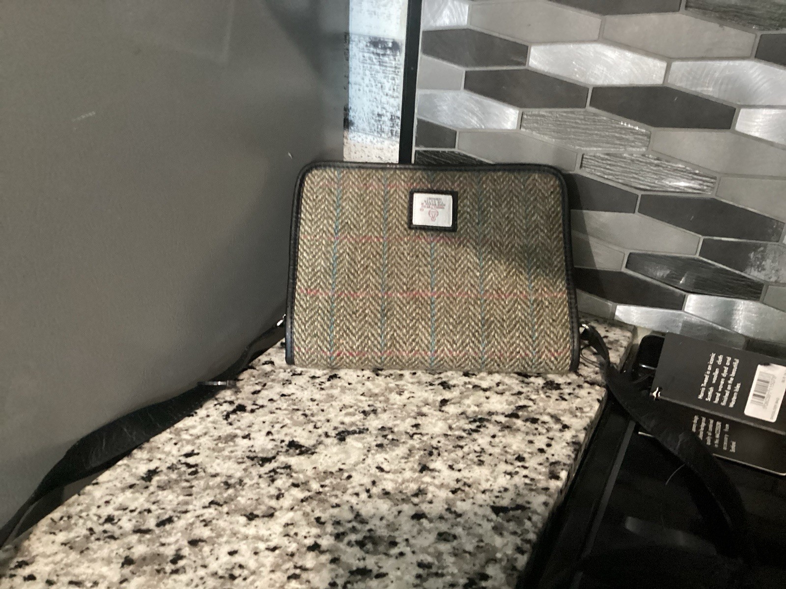 Harris Tweed Herringbone Crossbody Bag Brown/Green Zip Closure Leather Strap