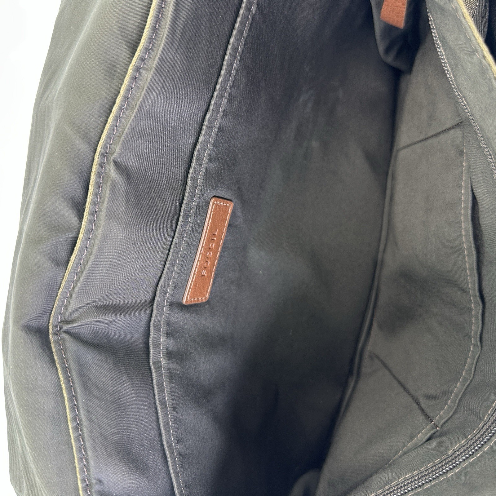 Fossil Green Brown Canvas Laptop Messenger Bag with Adjustable Strap and Pockets