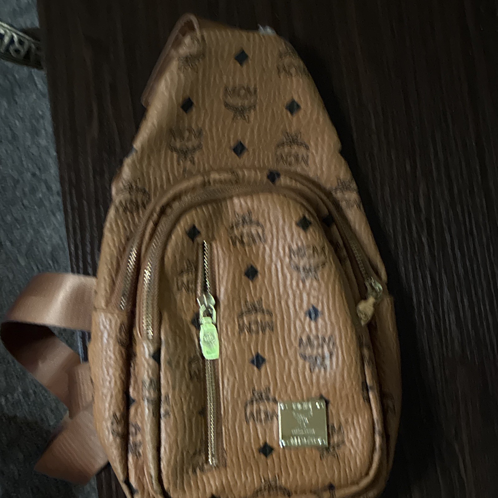 MCM Brown Logo Print Small Crossbody Sling Bag Zip Closure Adjustable Strap