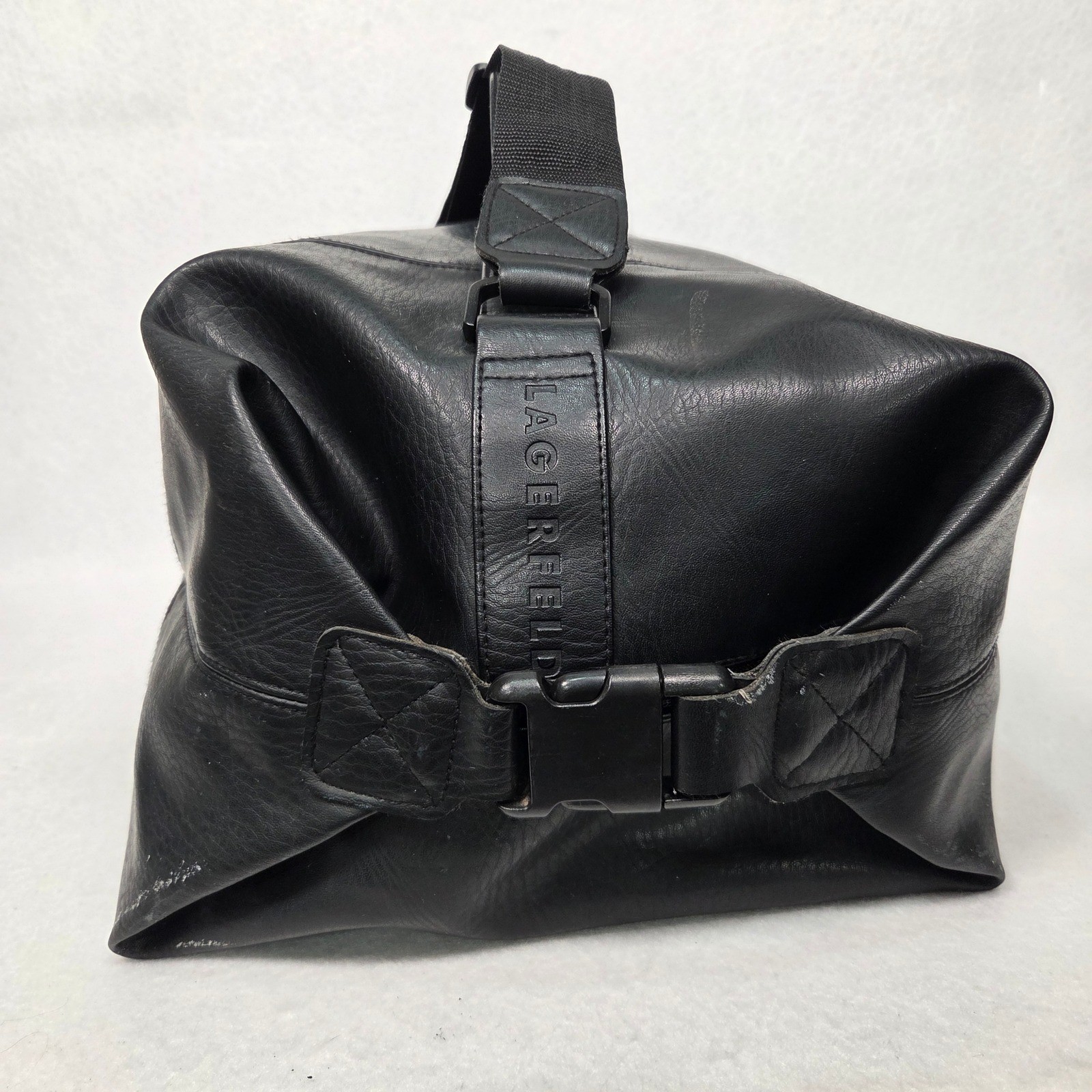 Vtg Karl Lagerfeld Weekender Duffel Bag Mens Black Faux Leather Travel Gym