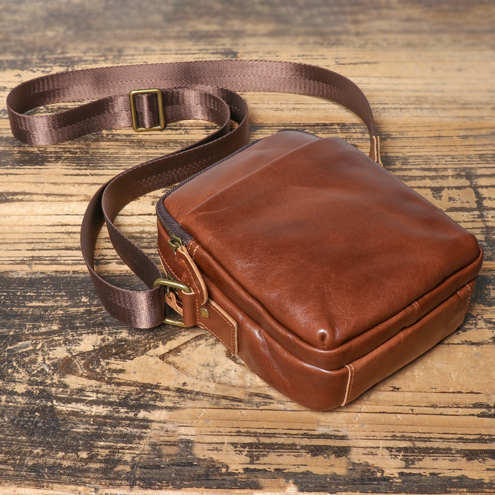 Men’s Leather Crossbody Bag Small Shoulder Bag Genuine Leather Travel Compact