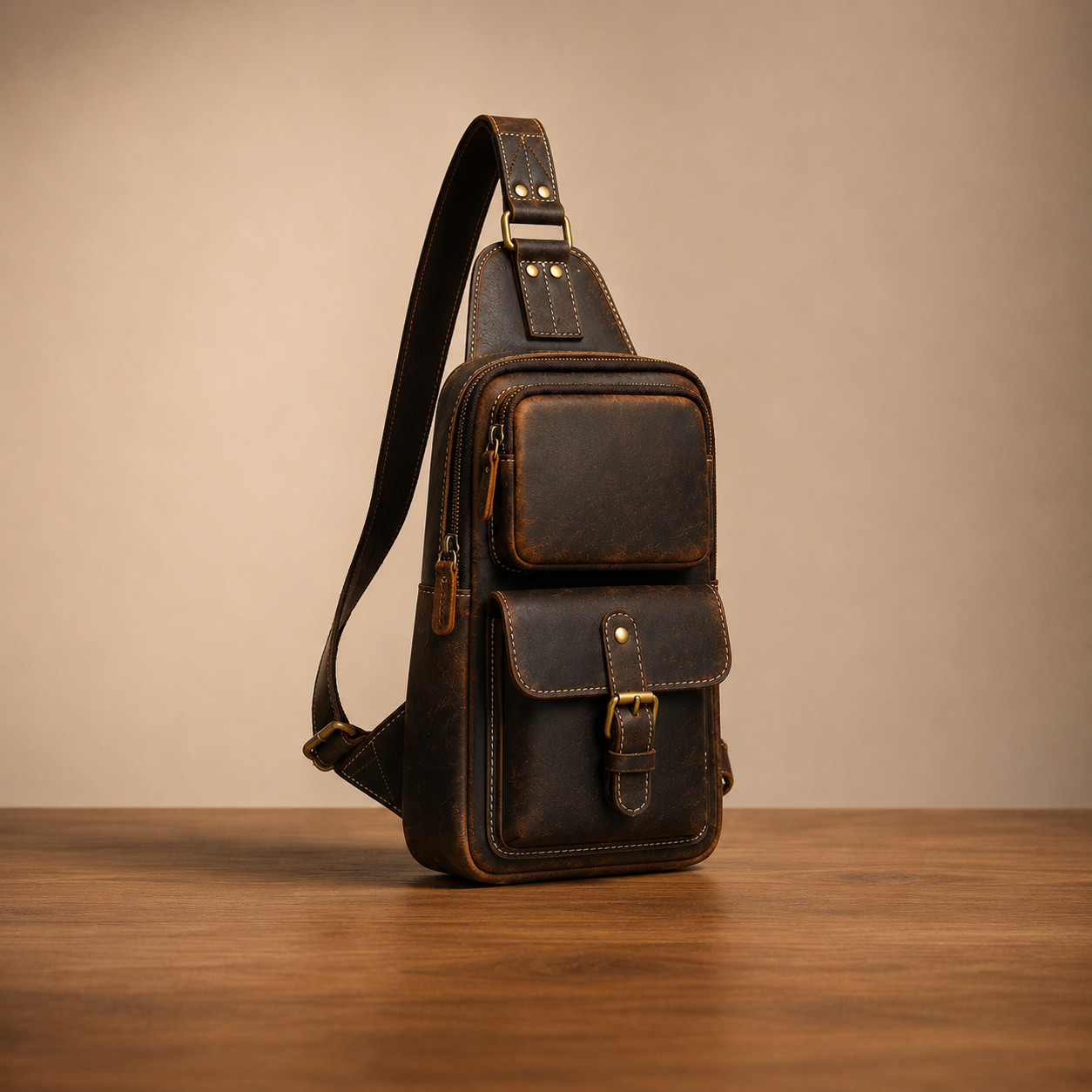 Handmade Leather Crossbody Sling Bag for Men Custom Name Chest Backpack