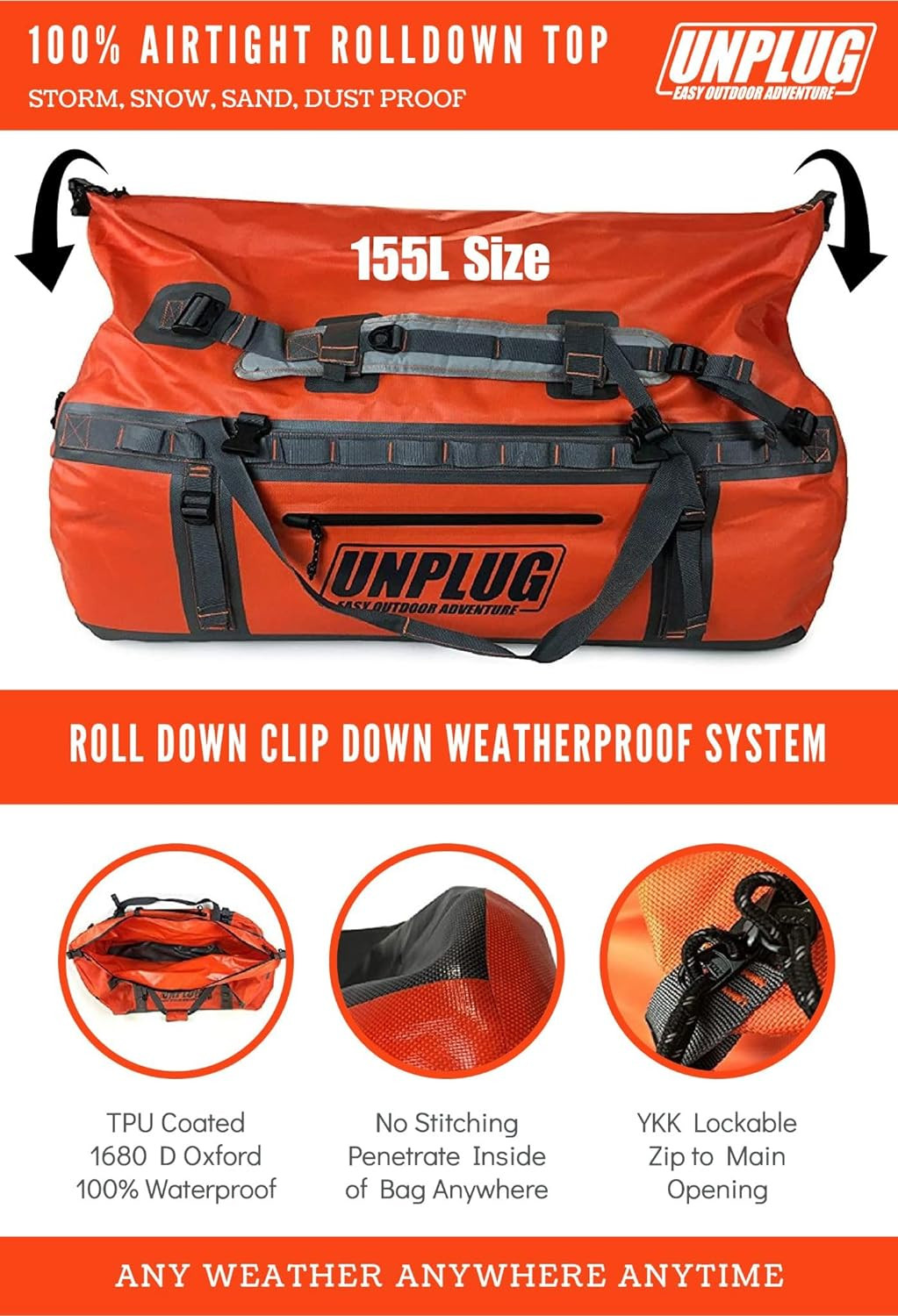 UNPLUG Ultimate Adventure | 1680D Heavy Duty Waterproof Bag | Large Travel Bag
