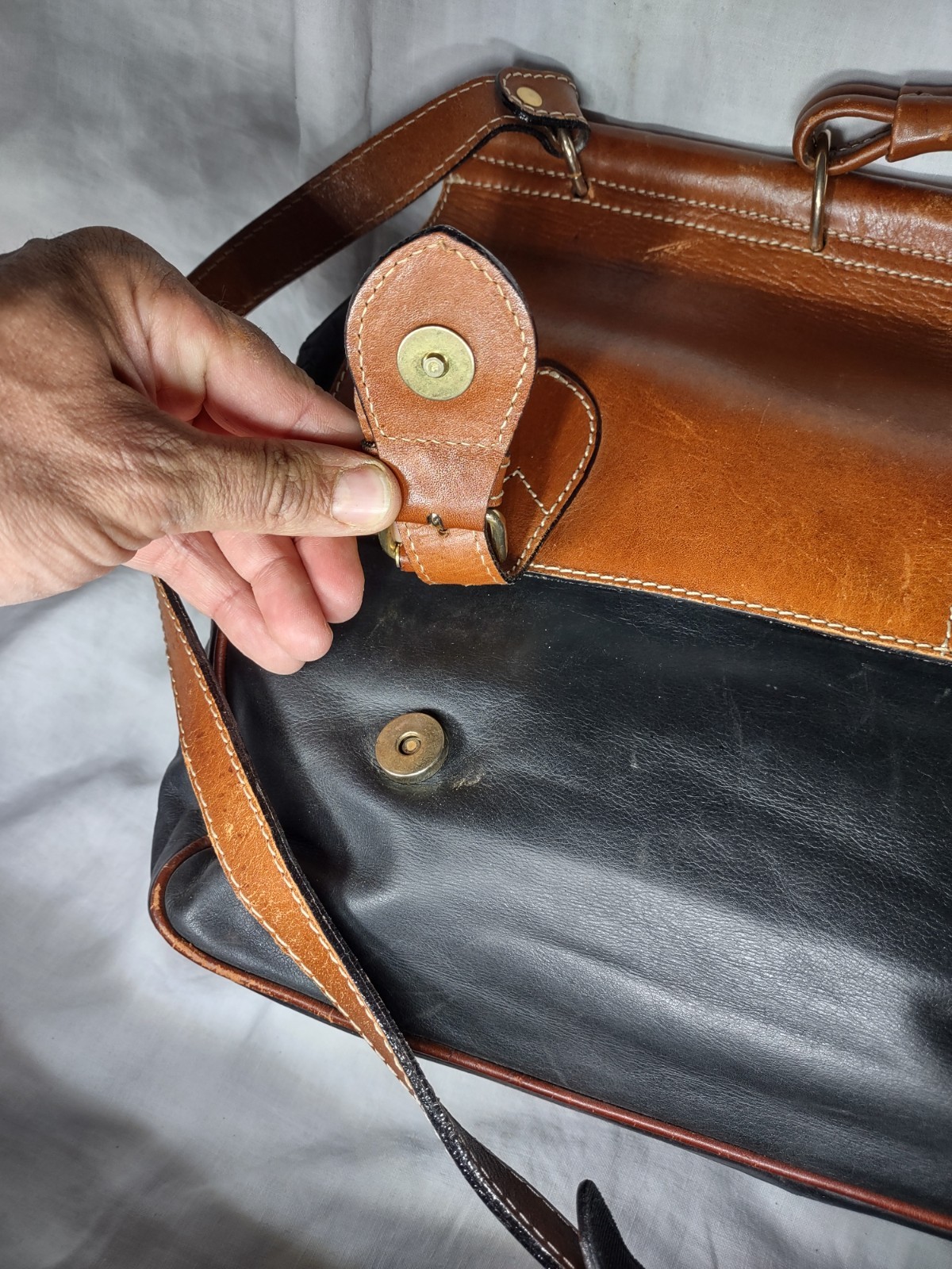 Delfina Two Tone Brown Black Leather Briefcase Messenger Bag