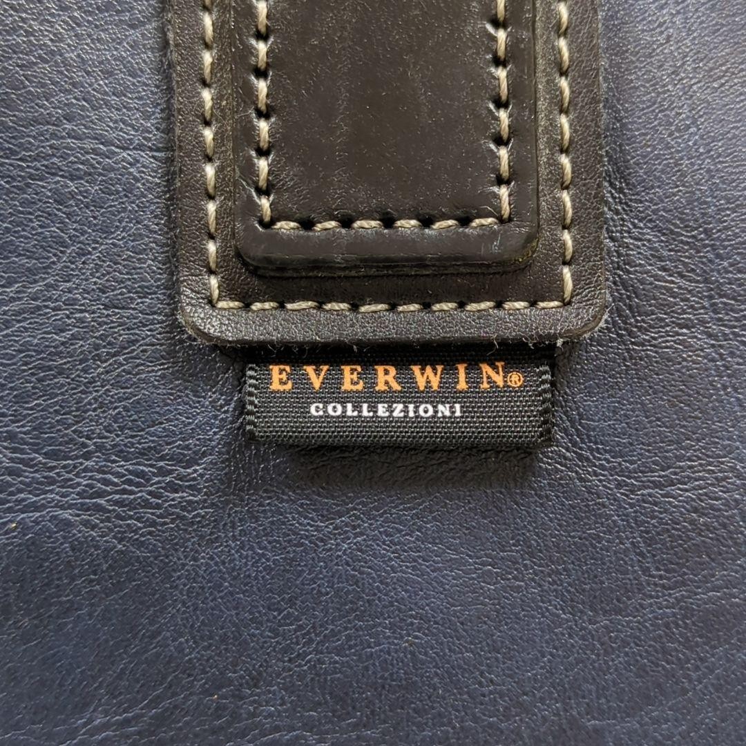 EVERWIN 2Way Leather Briefcase Shoulder Bag Navy 3 Compartment Made in Japan