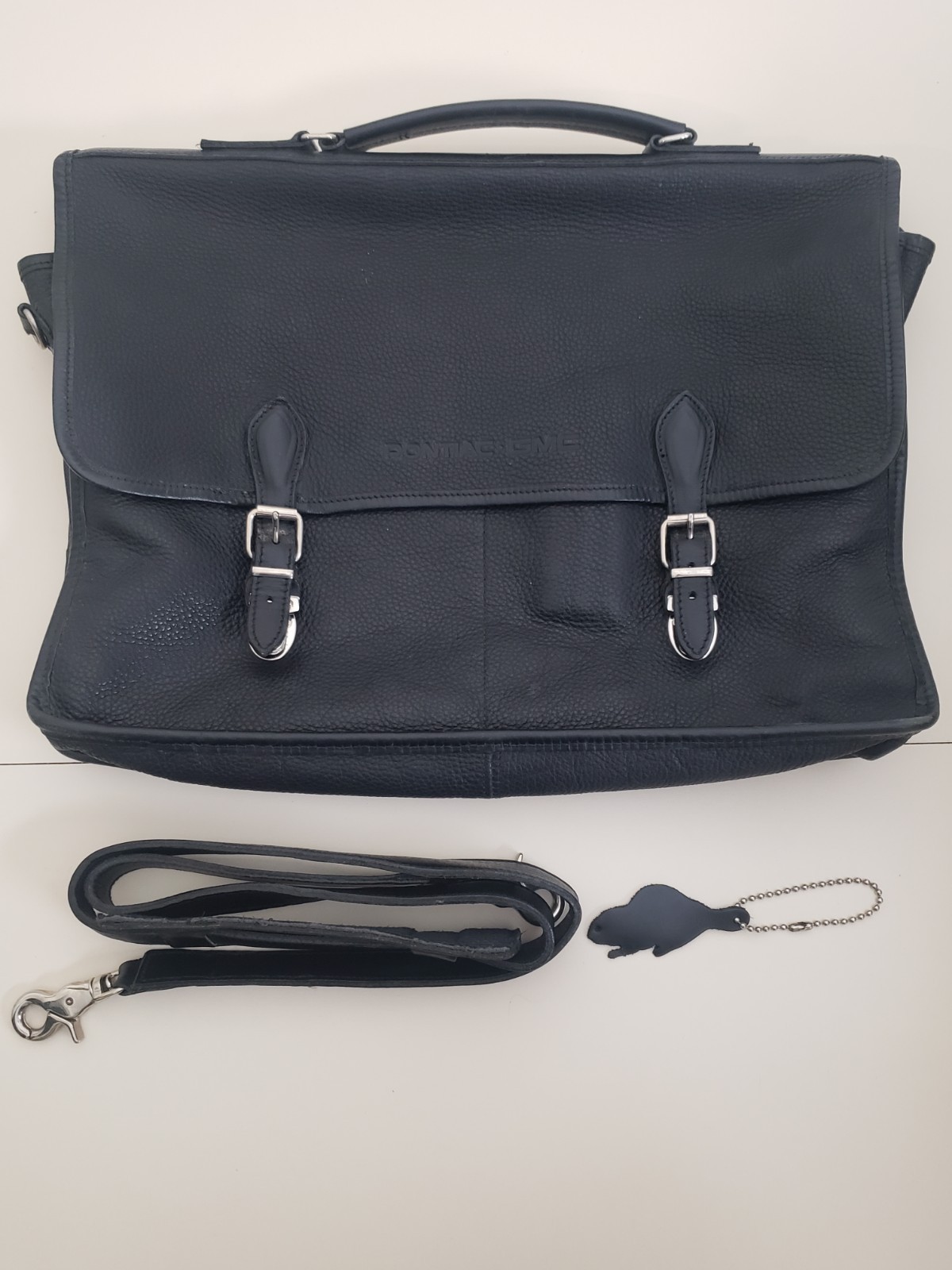 Roots Canada Black Leather Messenger Bag Briefcase Pontiac GMC Logo Beaver Tag