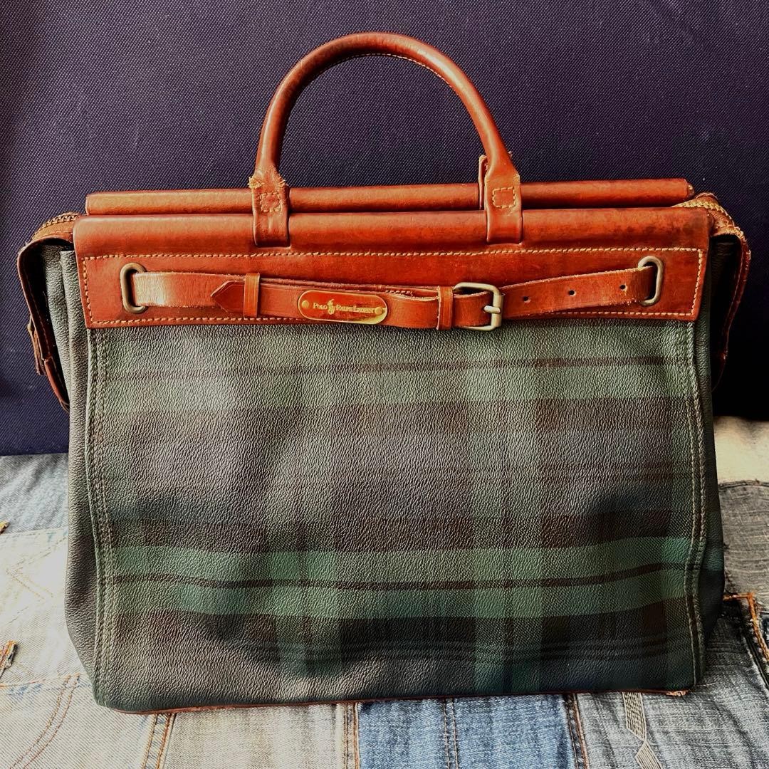 POLO RALPH LAUREN Doctor bag Leather Vintage Brown Tartan Authentic From Japan
