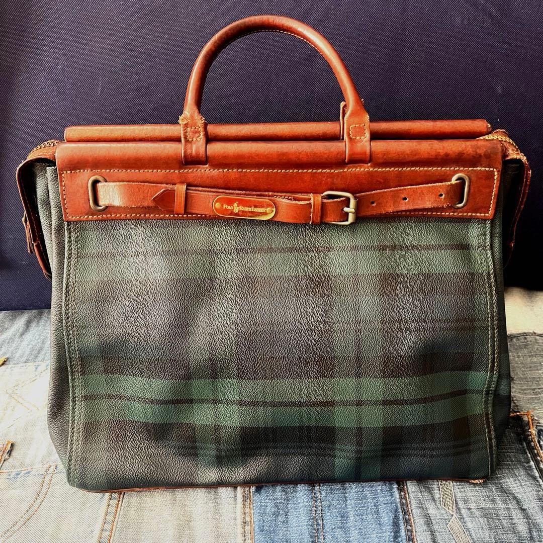 POLO RALPH LAUREN Doctor bag Leather Vintage Brown Tartan Authentic From Japan