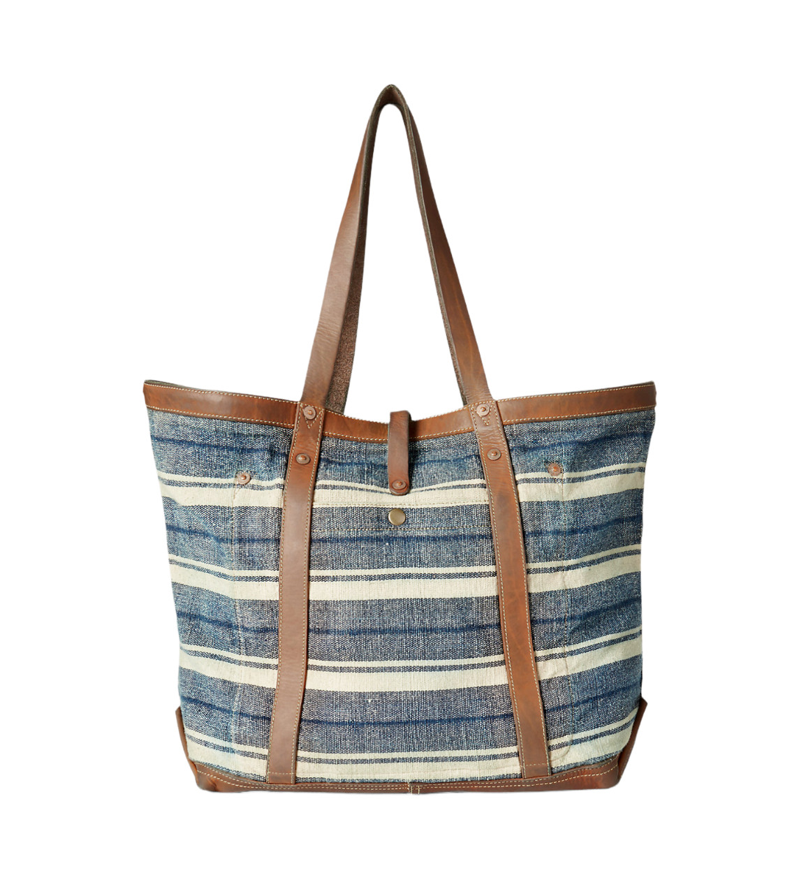 Ralph Lauren RRL Indigo Striped Cotton Canvas Leather Large 16″ Tote Bag New