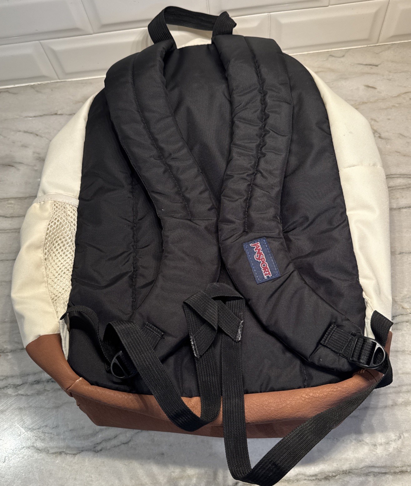 Jansport USA School Backpack Book Bag Brown Leather Bottom Ivory Back To School