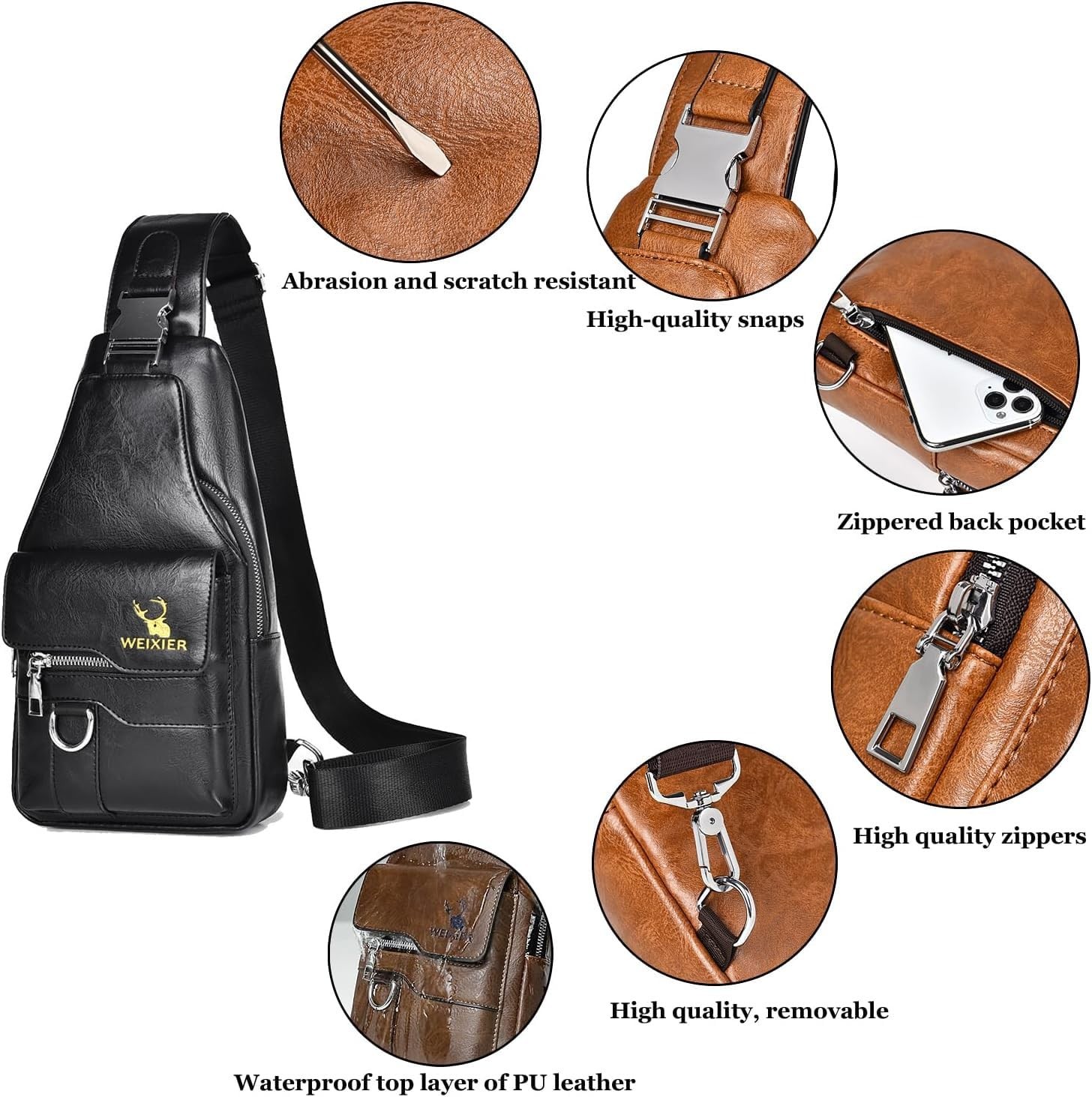 PU Leather Sling Bag for Men Waterproof Lightweight Crossbody Chest Bag