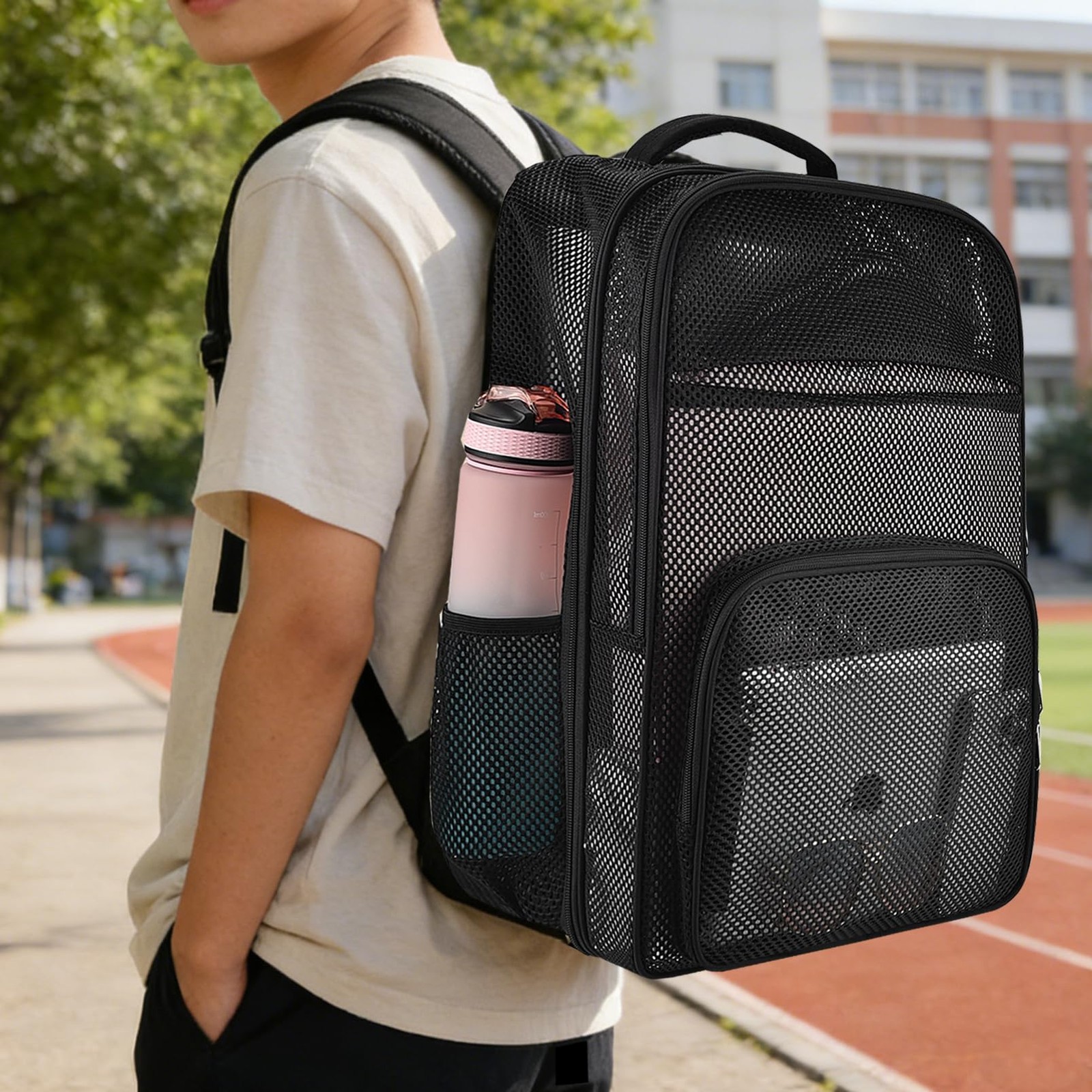 Heavy Duty Mesh Backpack 19 Inch Large Black School Work Travel Daybag