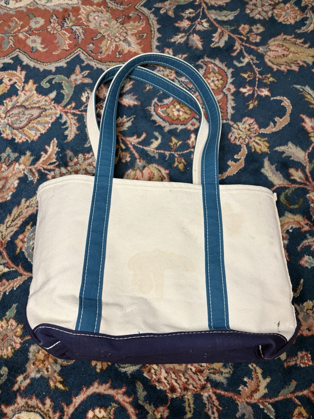 LL Bean Boat & Tote Bag Medium Royal Blue Turquoise Long Handle EUC Purse