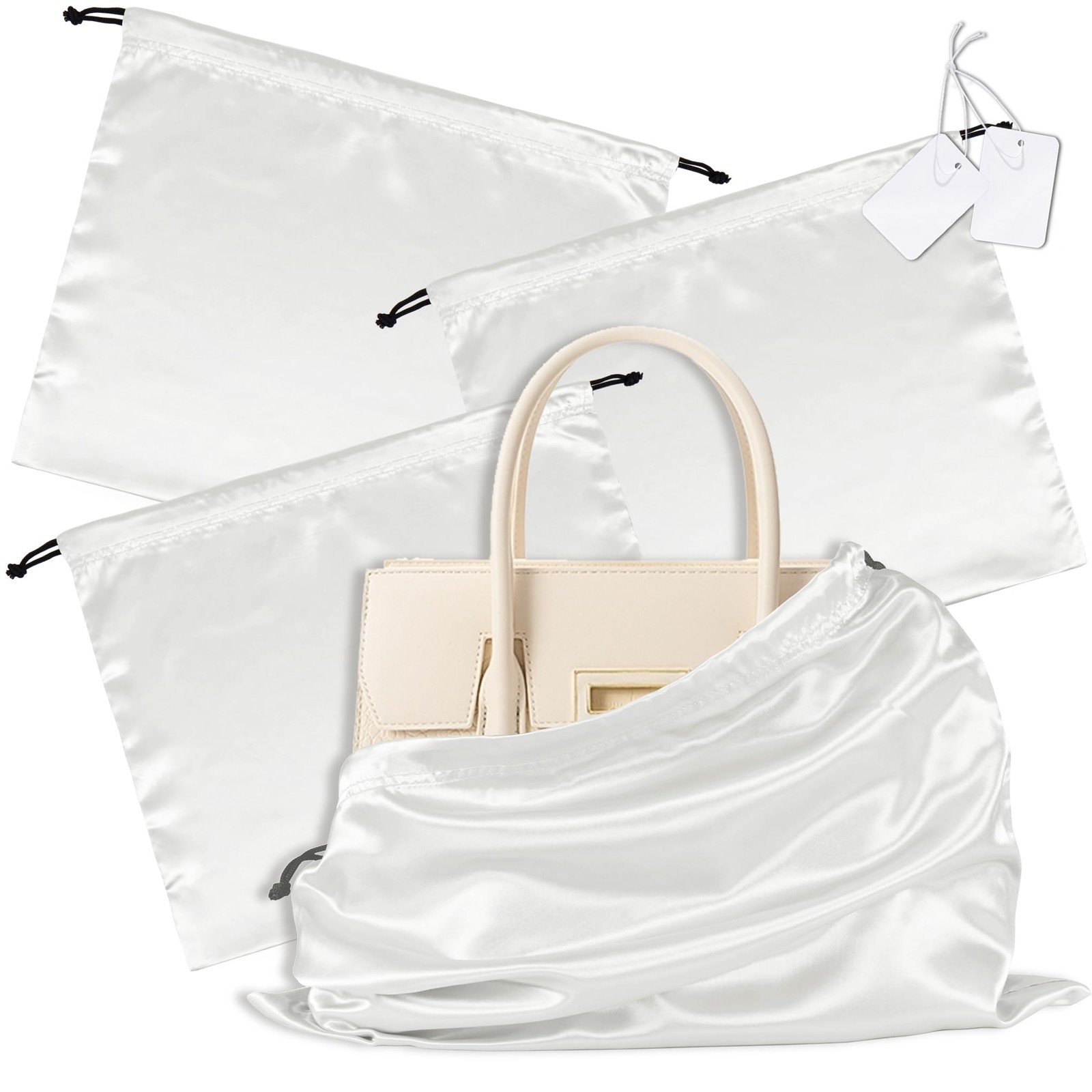 White Satin Dust Bags 3 Pack Drawstring Pouch for Purse, 19.6×15.7in