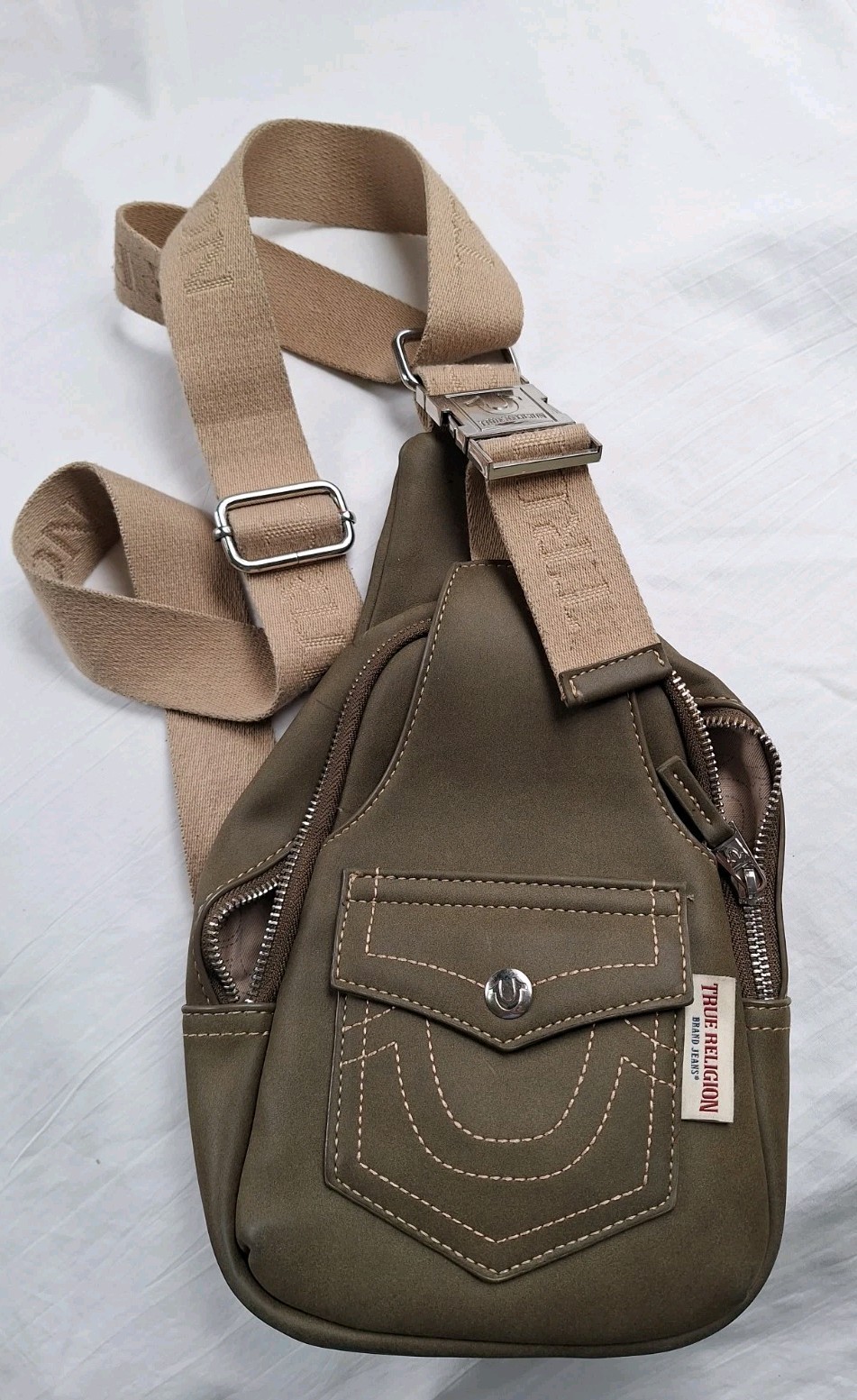 True Religion Brand Sling Bag Brown Faux Leather 13X 7 X 2.5in Adj 47in Strap