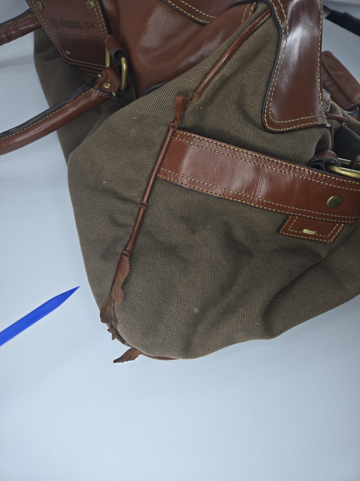 Fossil 54 MBG1121200 Brown Leather Canvas Duffel Weekender Bag READ
