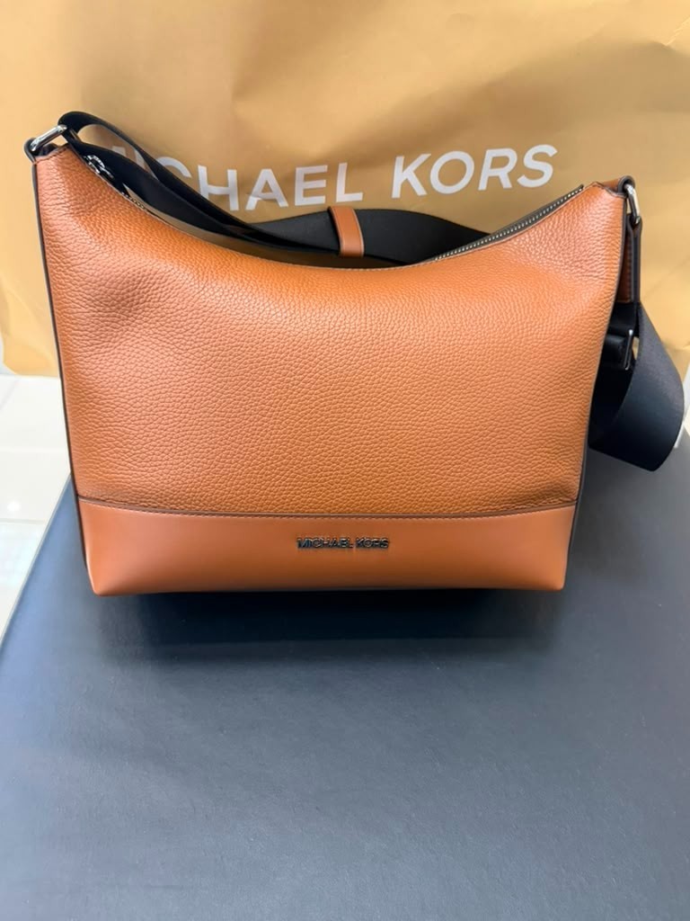 Michael Kors Cooper Pebbled Leather Soft Crescent Crossbody Bag Luggage Men MK