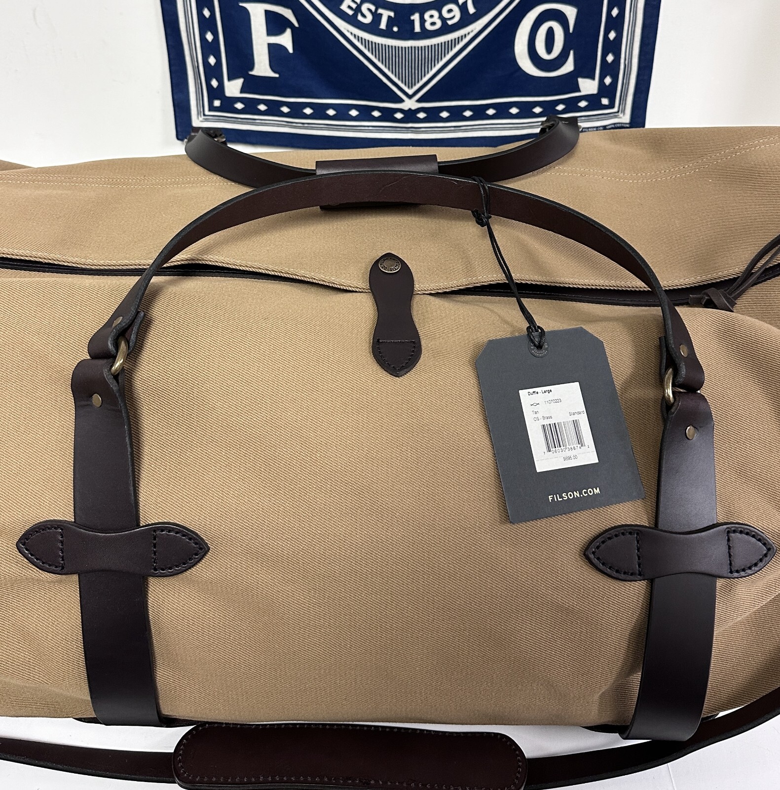 FILSON 11070223 Duffle Large Rugged Twill Bridle Leather Tan Bag Made in USA
