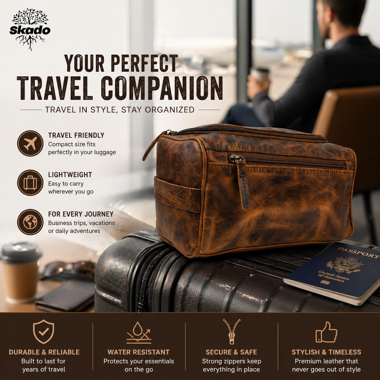 Buffalo Leather Toiletry Bag Travel Hanging Dopp Kit Shaving Makeup Case Unisex