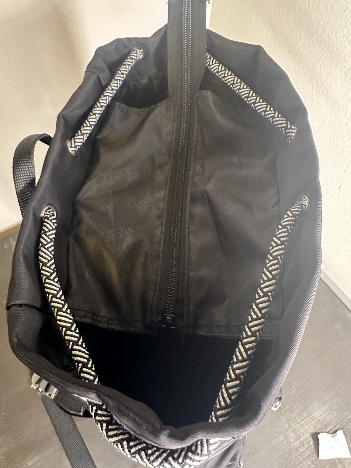 VERSACE FRAGRANCES Black Drawstring Backpack Gym Travel Bag Zip Pockets