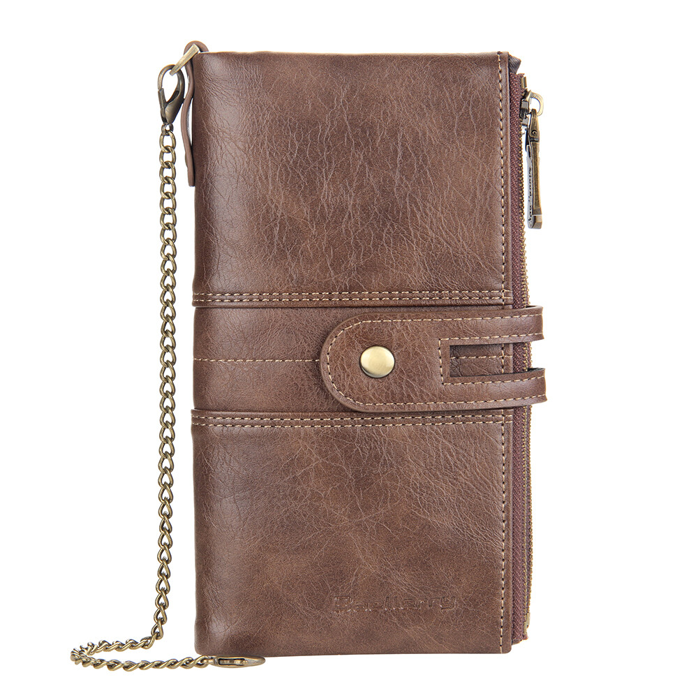 Men Wallet with Anti-Theft Chain RFID Blocking Leather Purse Zipper Phone Holder