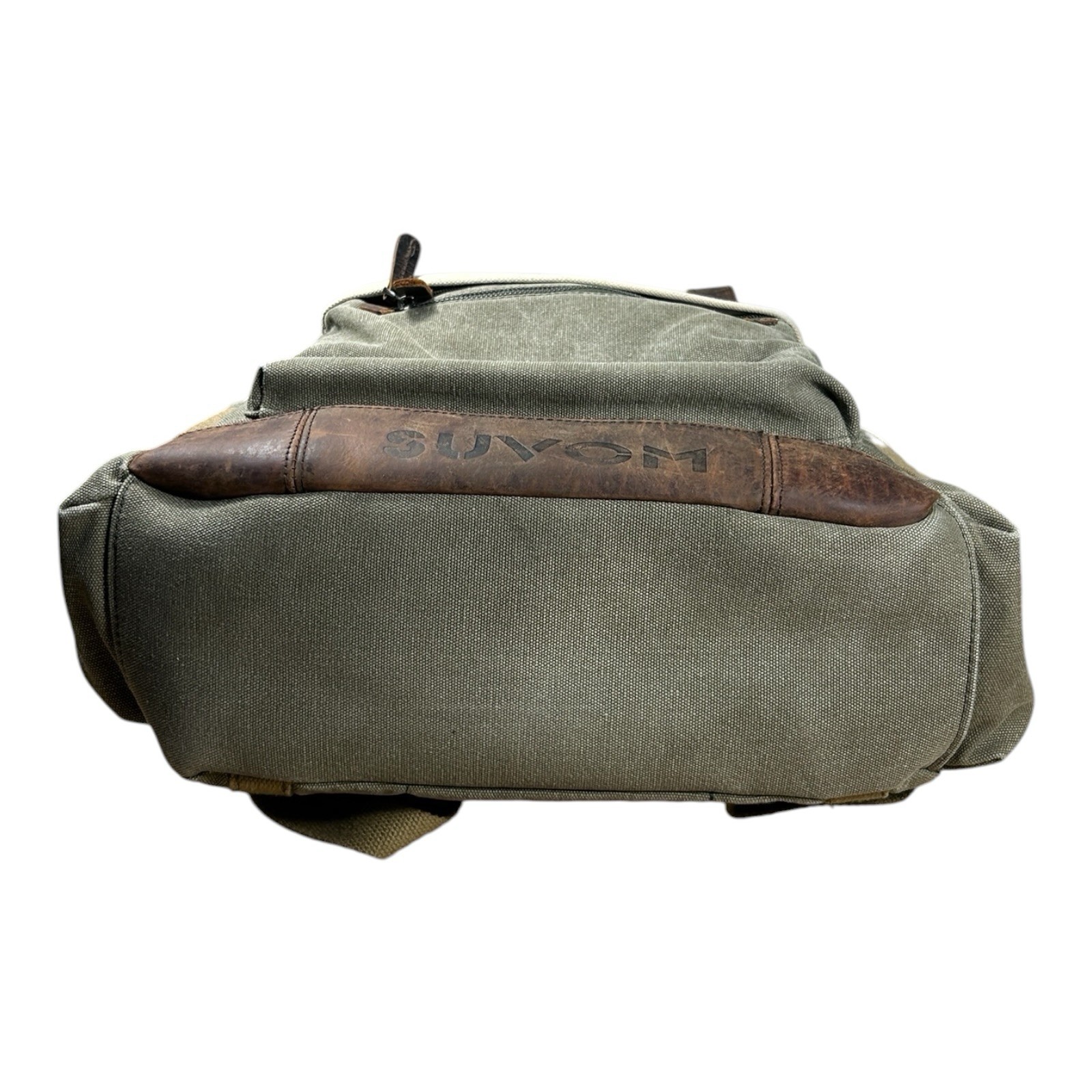 Suvom Canvas Leather Trim Rolltop Backpack Olive Khaki Two-Tone EUC