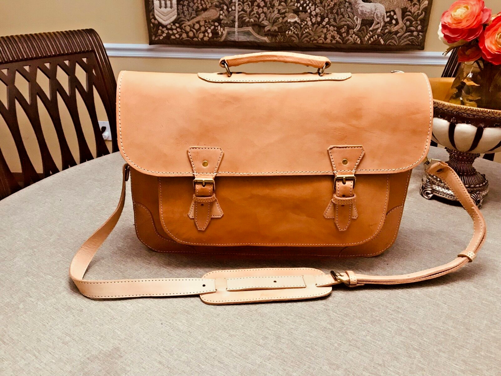 Natural Tan Burnished Belting Leather Briefcase / Messenger Bag – SPAIN