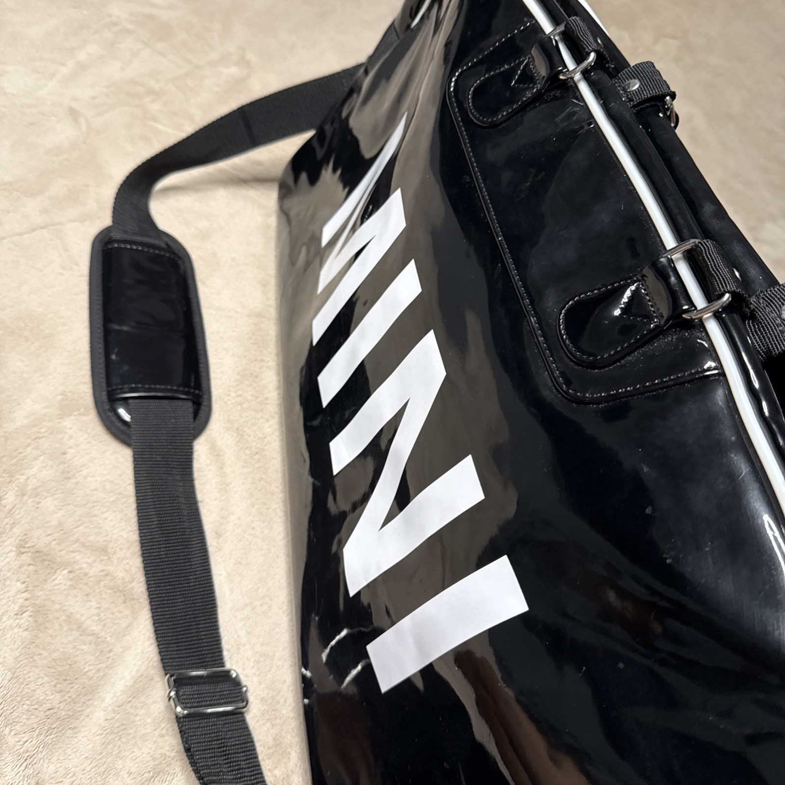 MINI Cooper Black Patent Duffel Bag Large 27” Weekender Red Lining Strap