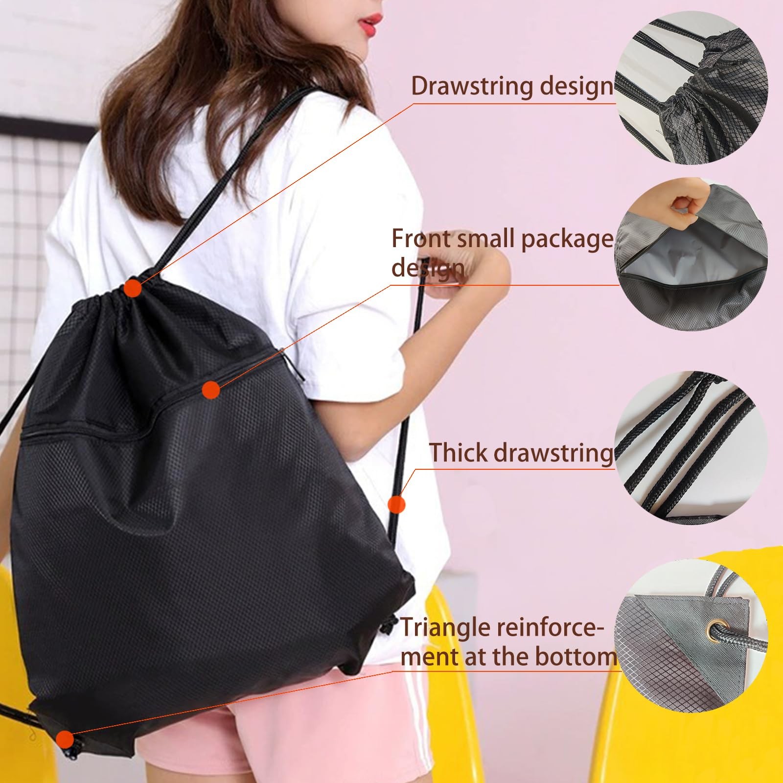 Drawstring Backpack Gym Sackpack String Bag with Zip Pocket Sports Black