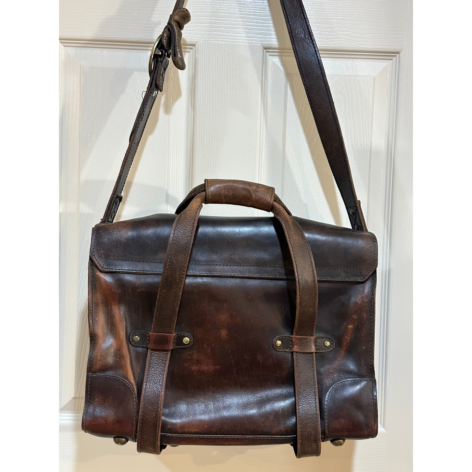 Will Leather Goods Brown Leather Messenger Bag Satchel Briefcase Brass Hardware