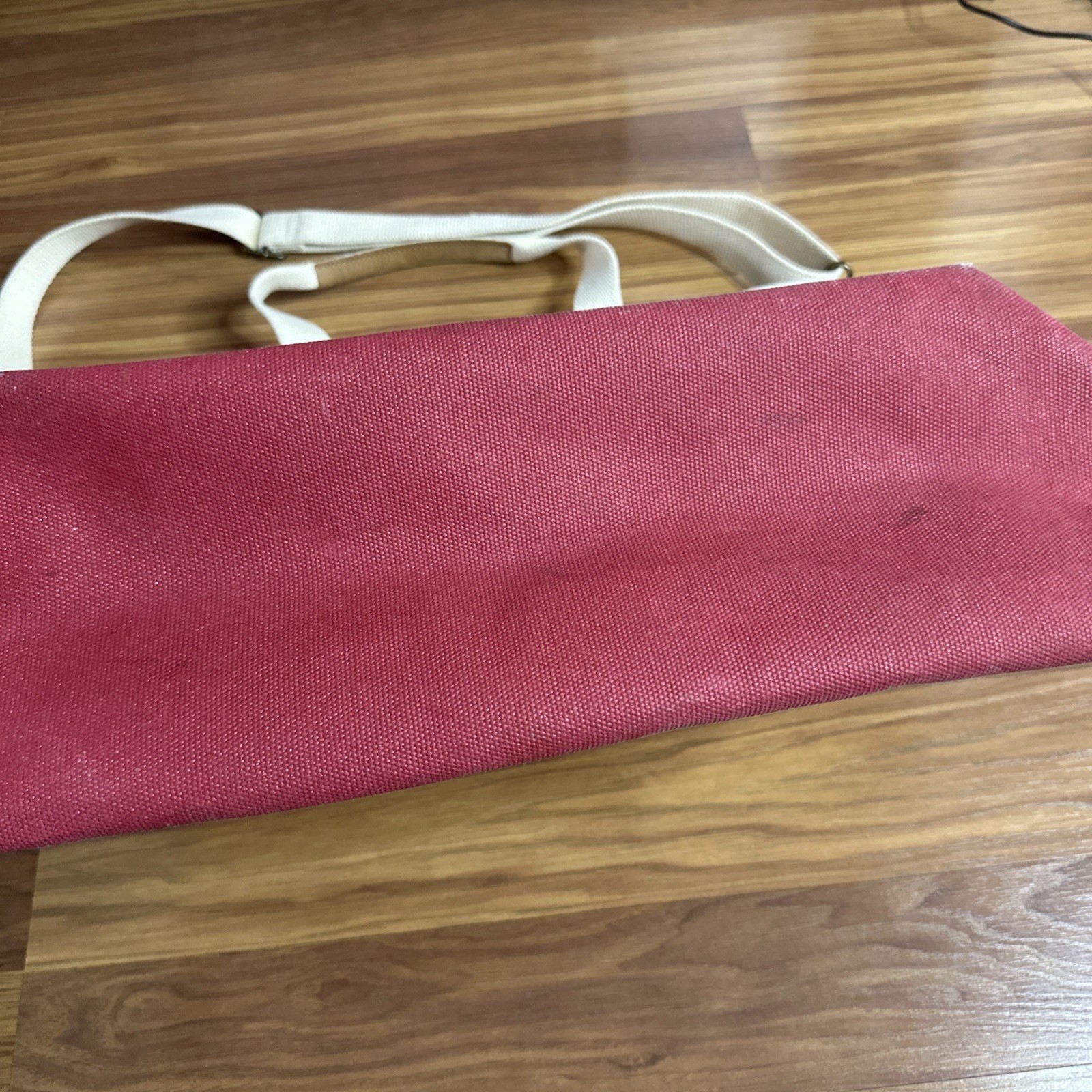LL Bean Boat & Tote Zip Top Bag Canvas Ivory/Red L/XL Teacher Beach Leather Trim
