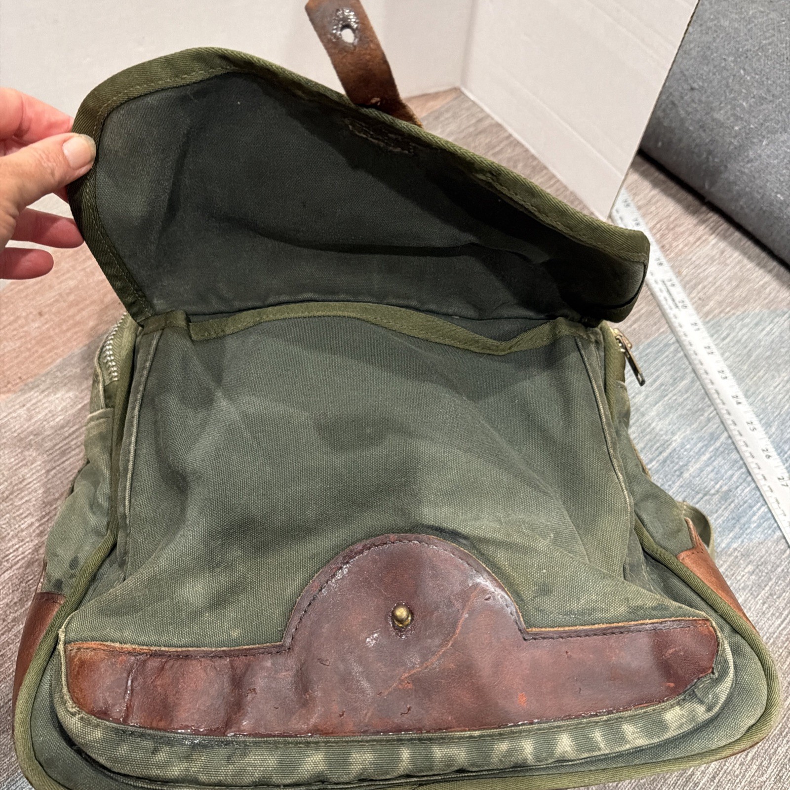 Orvis Battenkill Canvas Leather Backpack Green Brown Travel Outdoor Vintage READ