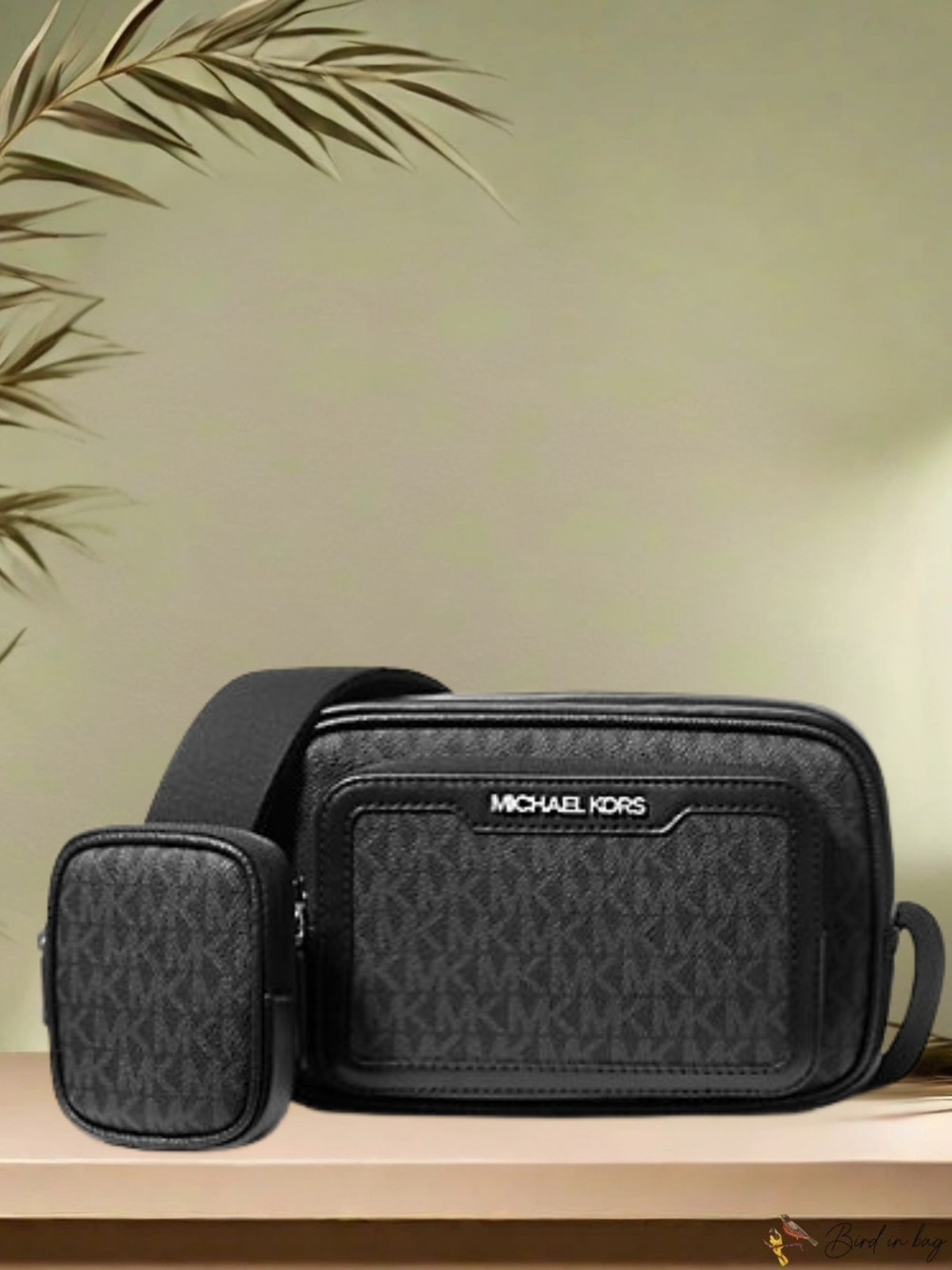 Michael Kors Cooper Men MK Logo Camera Double Zip Shoulder Bag + Pouch Black