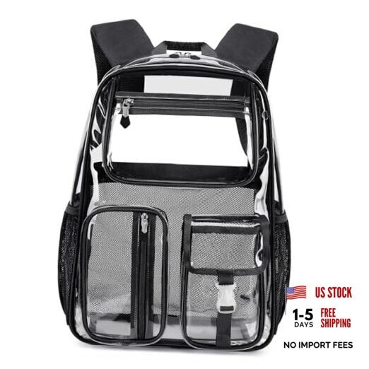 Heavy-Duty Clear Backpack for Stadium Events, TPU Clear Book Bag, 16 x Black