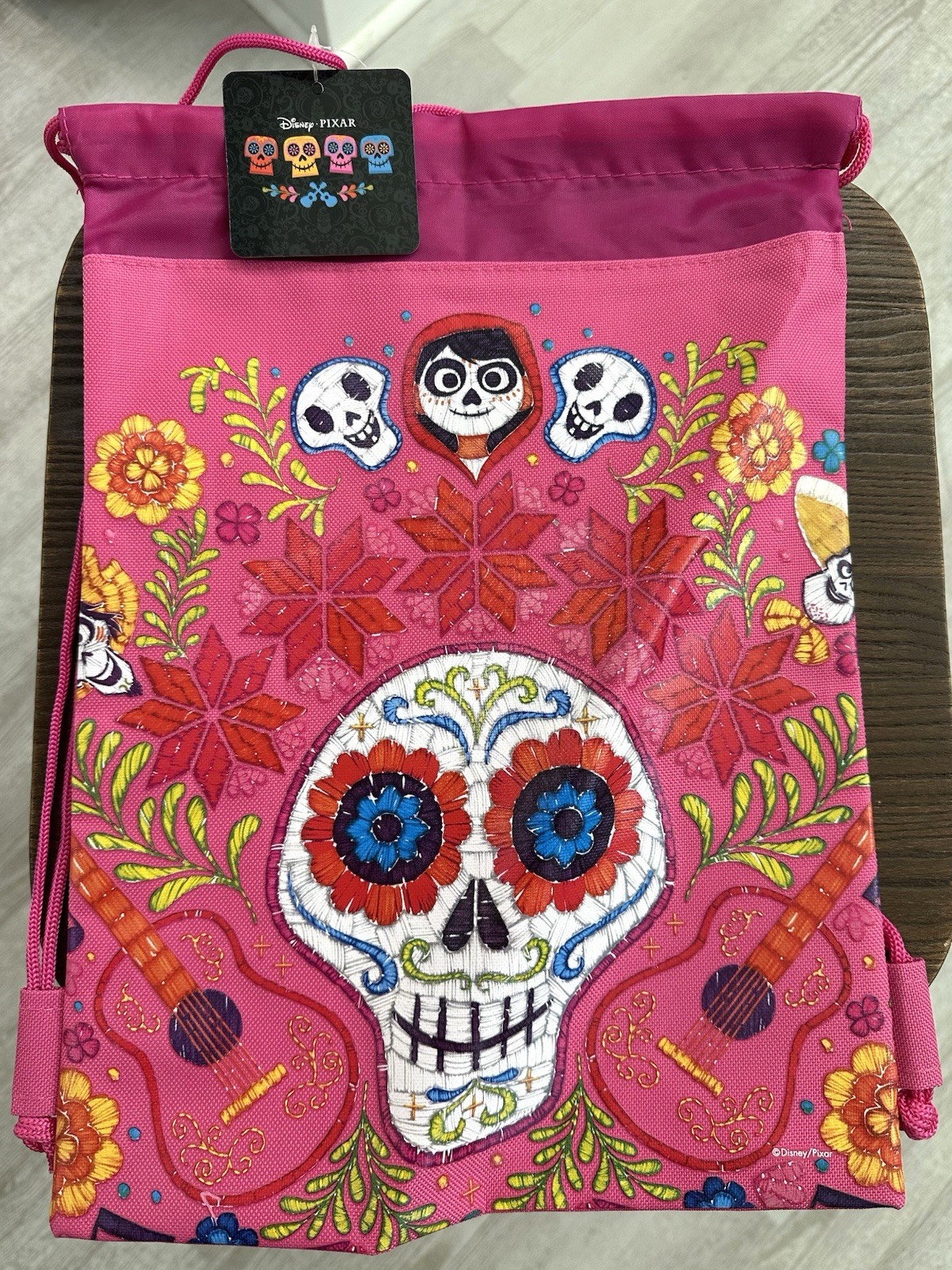 Disney Pixar Coco Day of the Dead Pink Drawstring Backpack Miguel Sugar Skull
