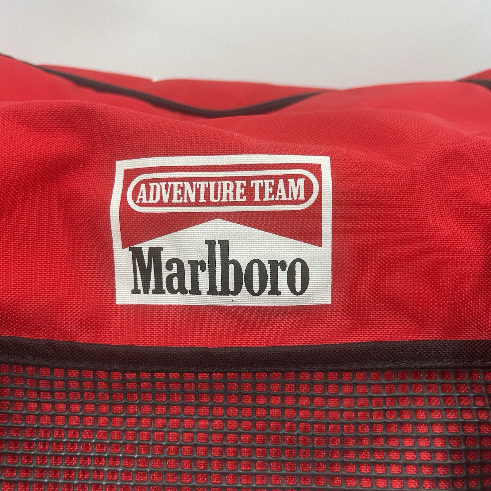 Marlboro Adventure Team Red Black Yellow Duffle Bag Pockets Adjustable Strap VTG