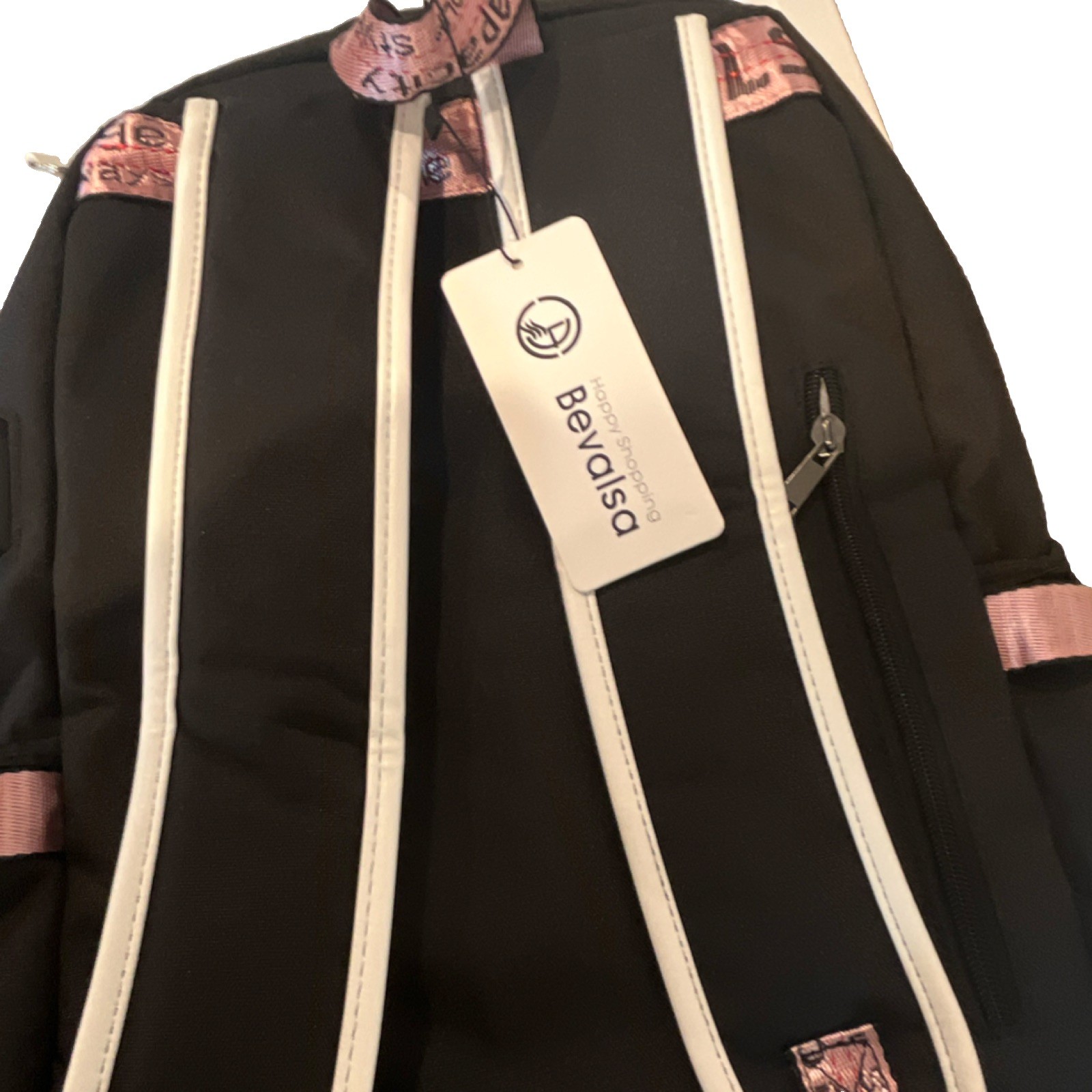 Bevalsa Black White Pink Backpack with USB Port, Audio Pocket, Adjustable Straps