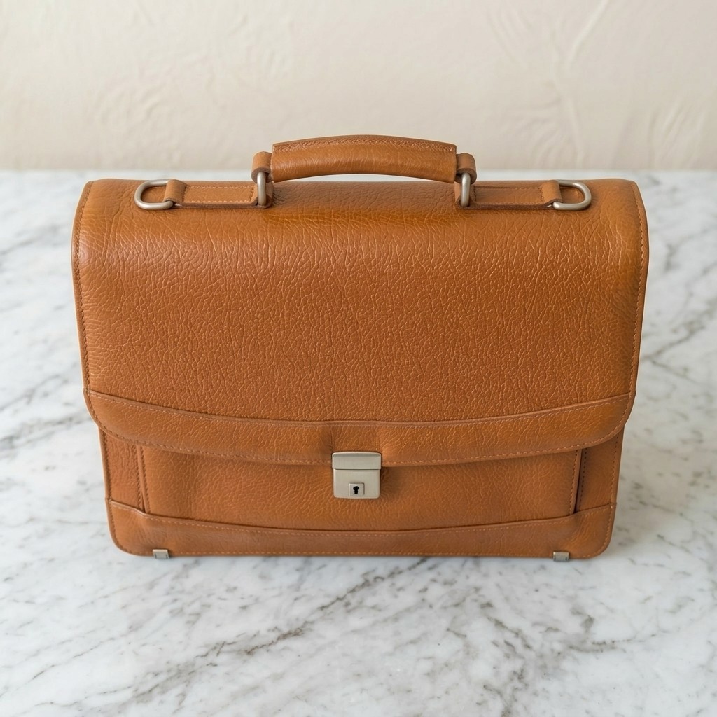 Tan Cognac Leather Briefcase Men Lock Clasp Professional Laptop Work Bag Satchel