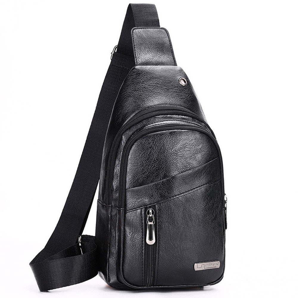 Mens PU Leather Chest Bag Shoulder Pack Earphone Hole Sport Crossbody Handbag US