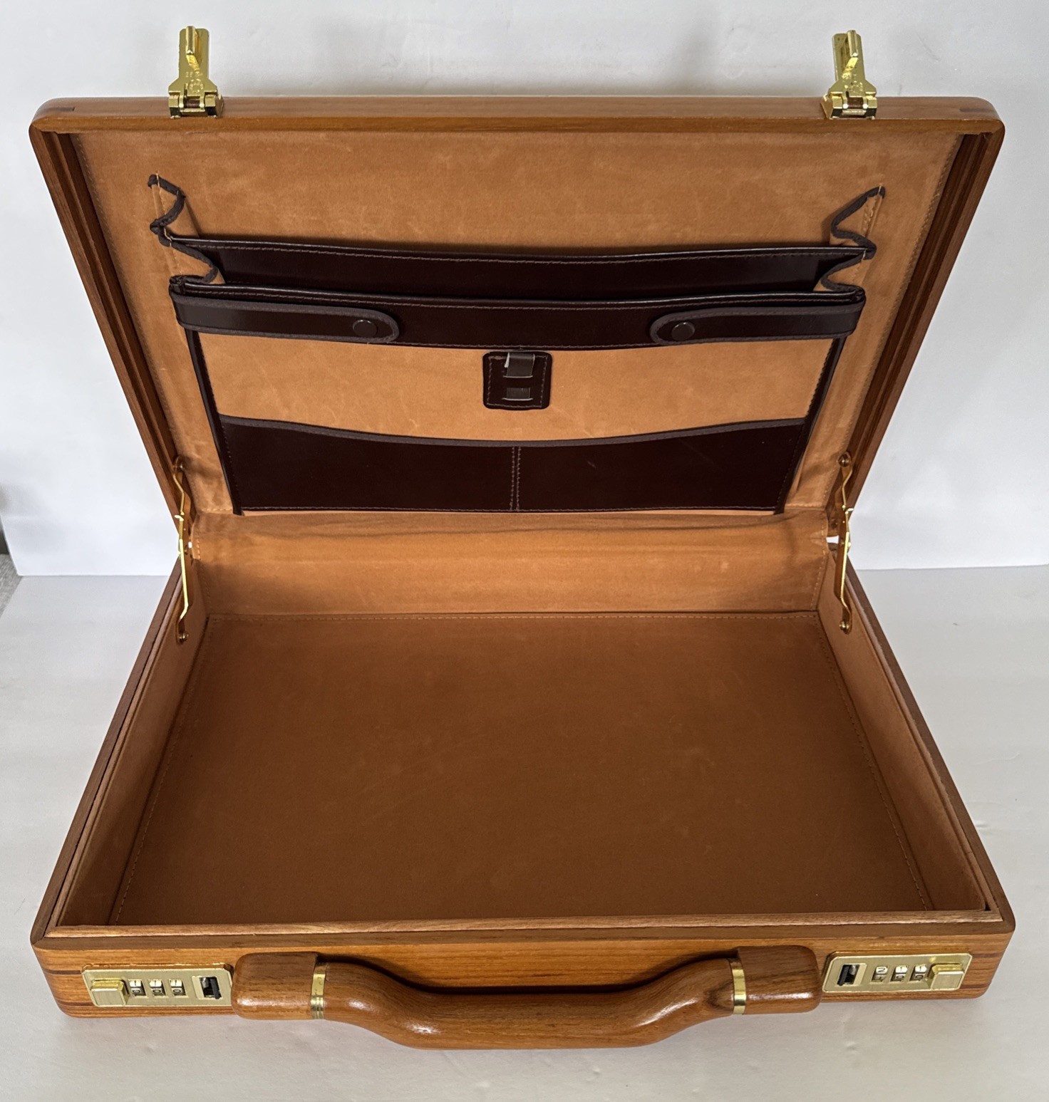 MCM Wood Briefcase Suede Interior Presto Locks Warm Red Tone with Instructions